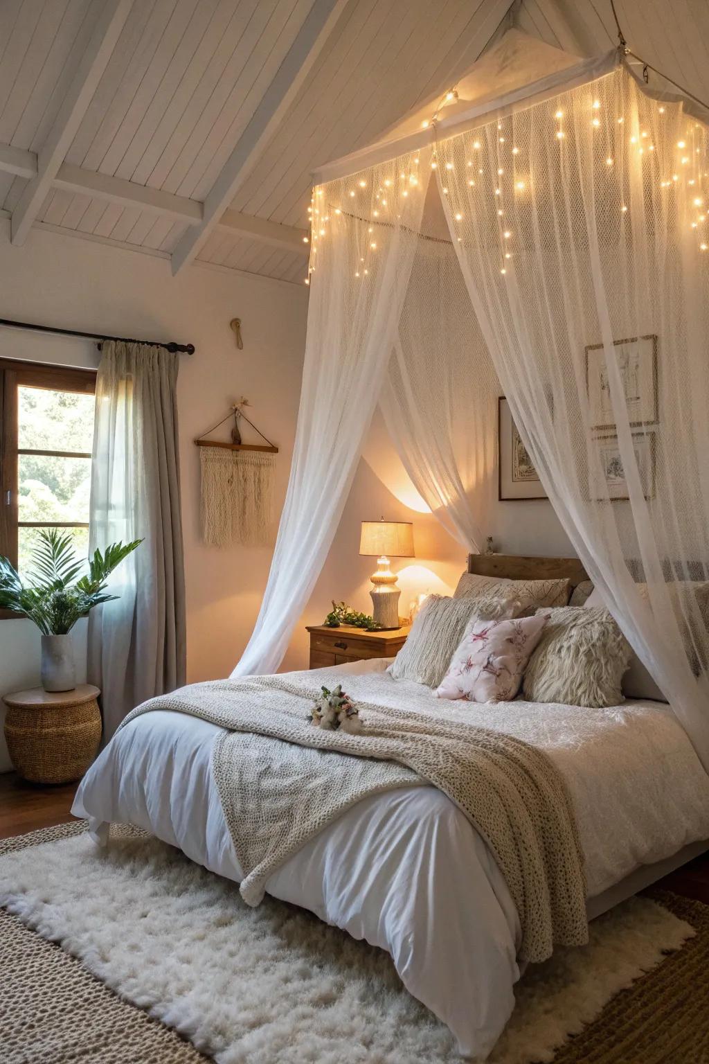 Construct an enchanting sanctuary with a sleeping area net canopy.
