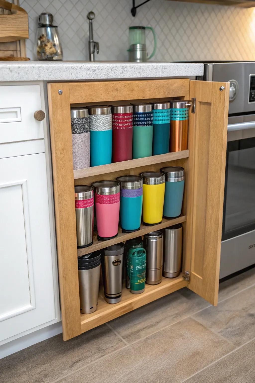 Magnetic strip for organizing tumbler lids.
