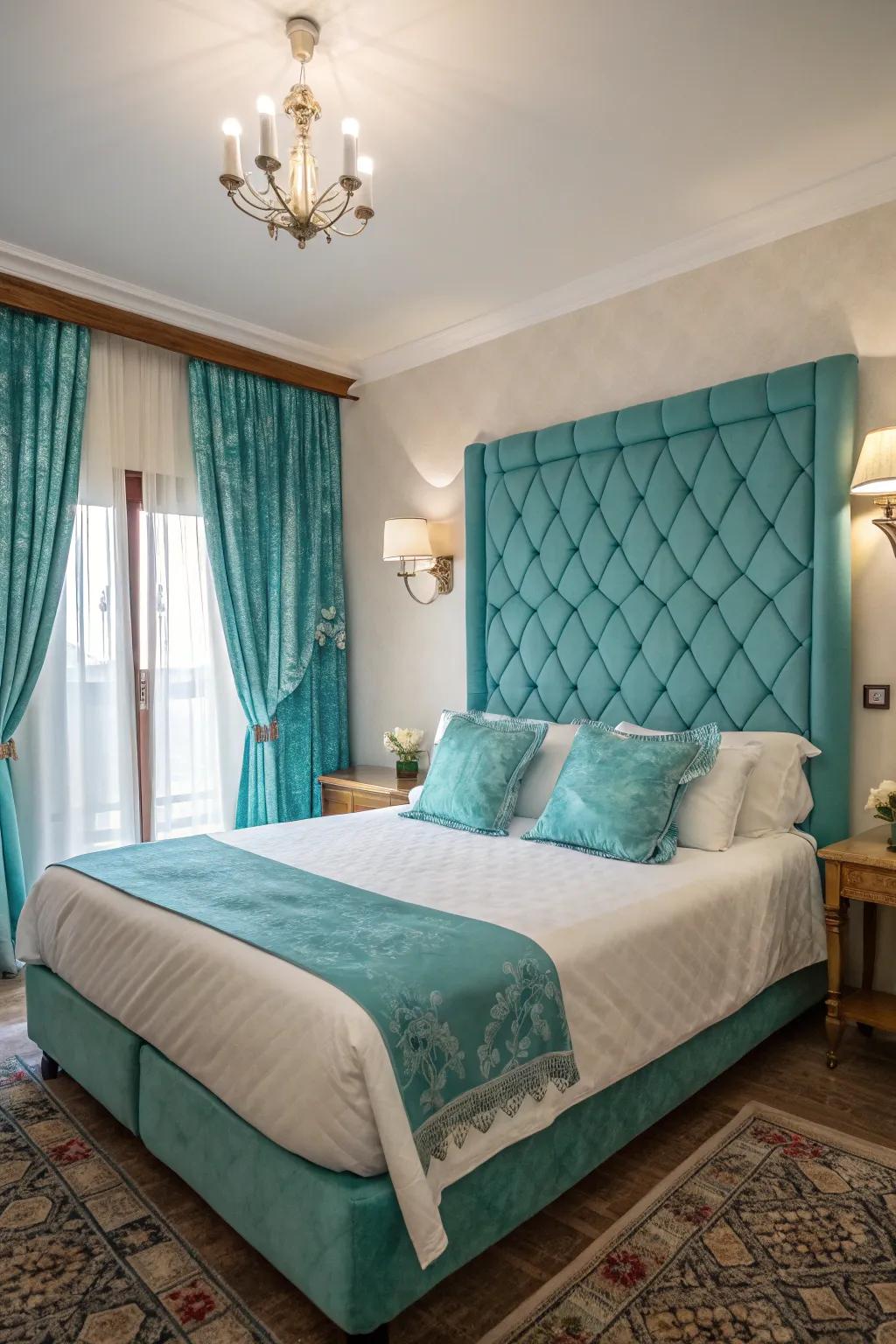 Turquoise upholstery provides a fresh twist to this traditional bedroom design.