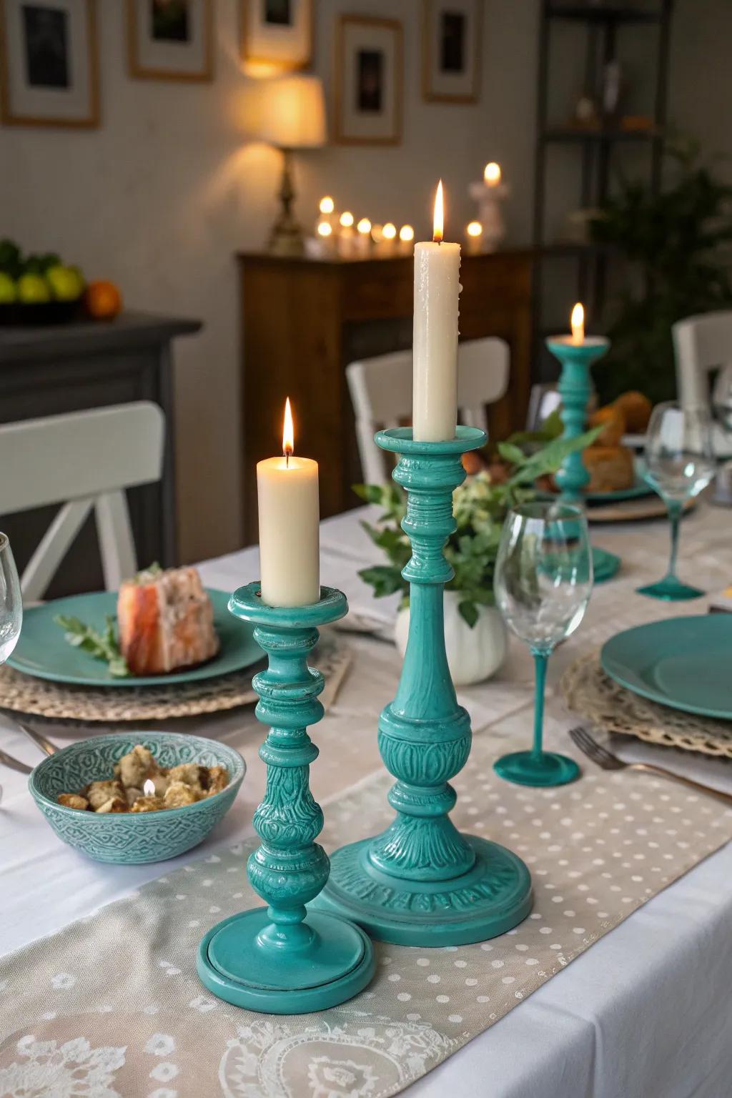 Candles inside azure holders cultivate a warm and welcoming ambiance.