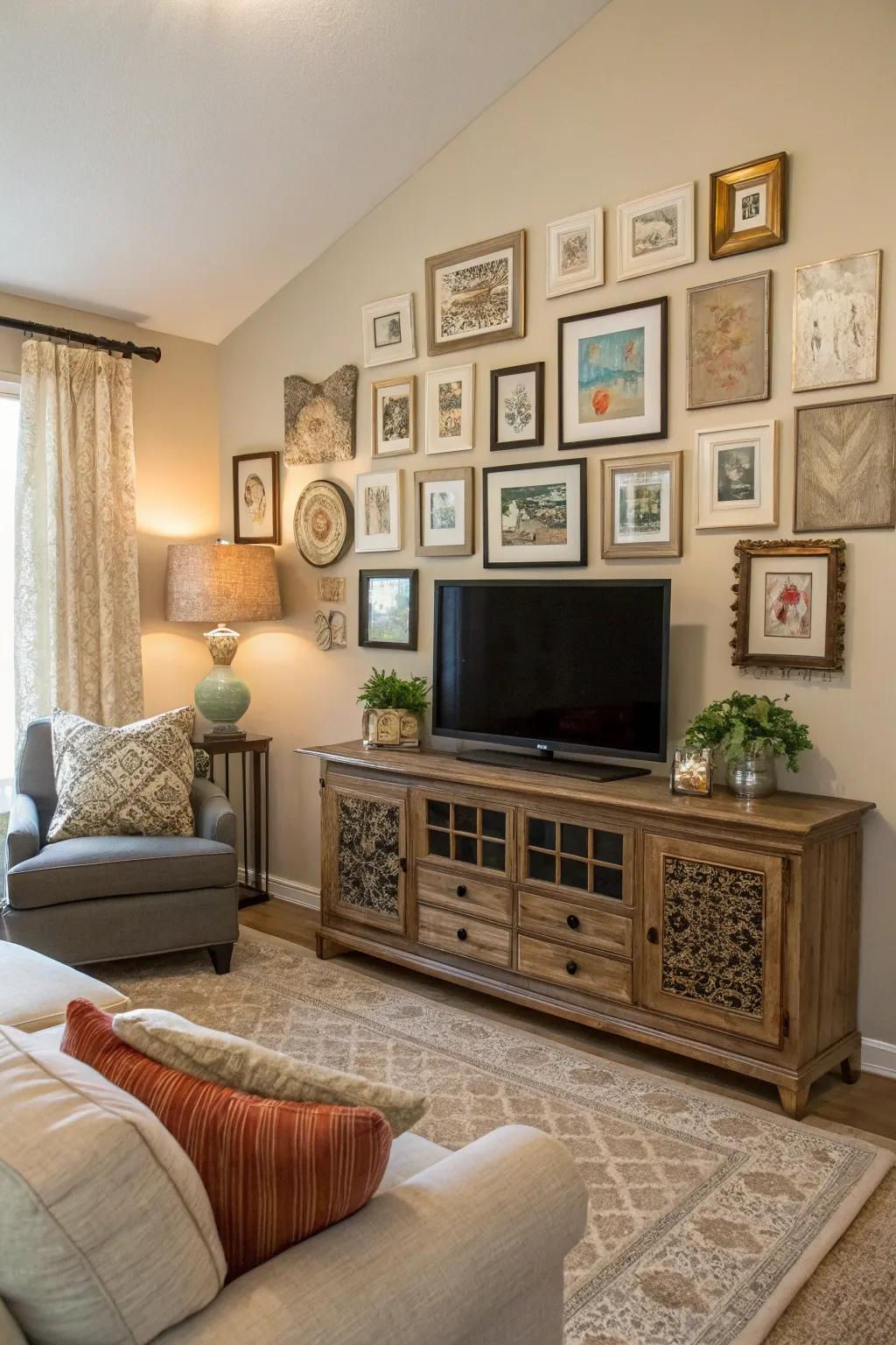 The layering of textures enhances the appeal of this TV gallery wall.