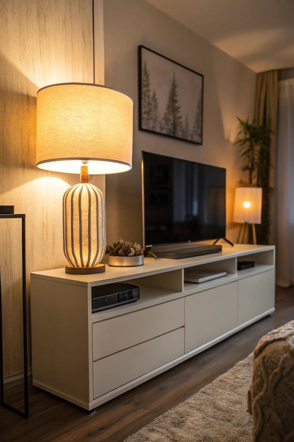 Mood lighting heightens the inviting feel of TV stand decor.