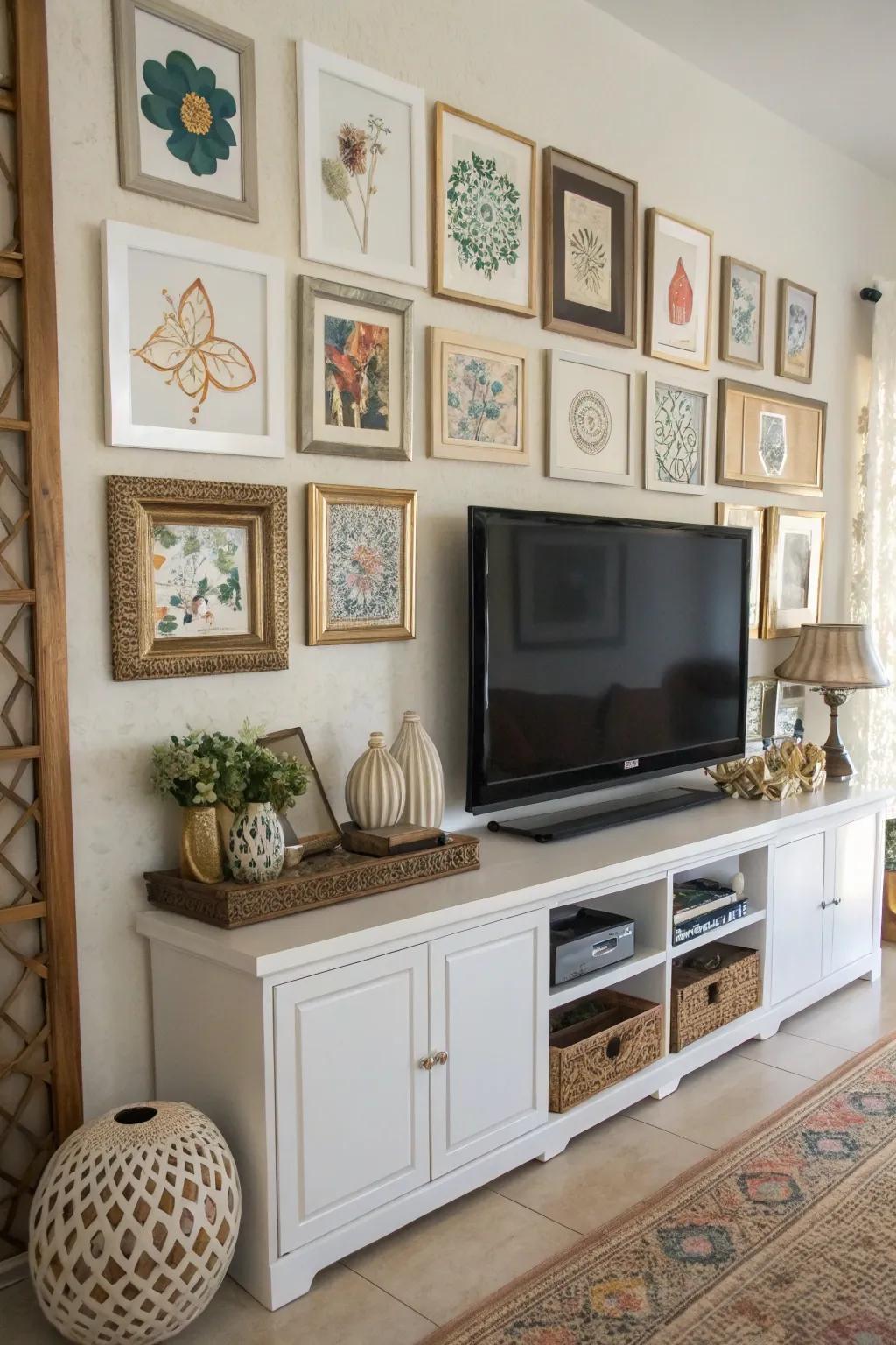 Artwork introduces a personalized element to this TV wall.
