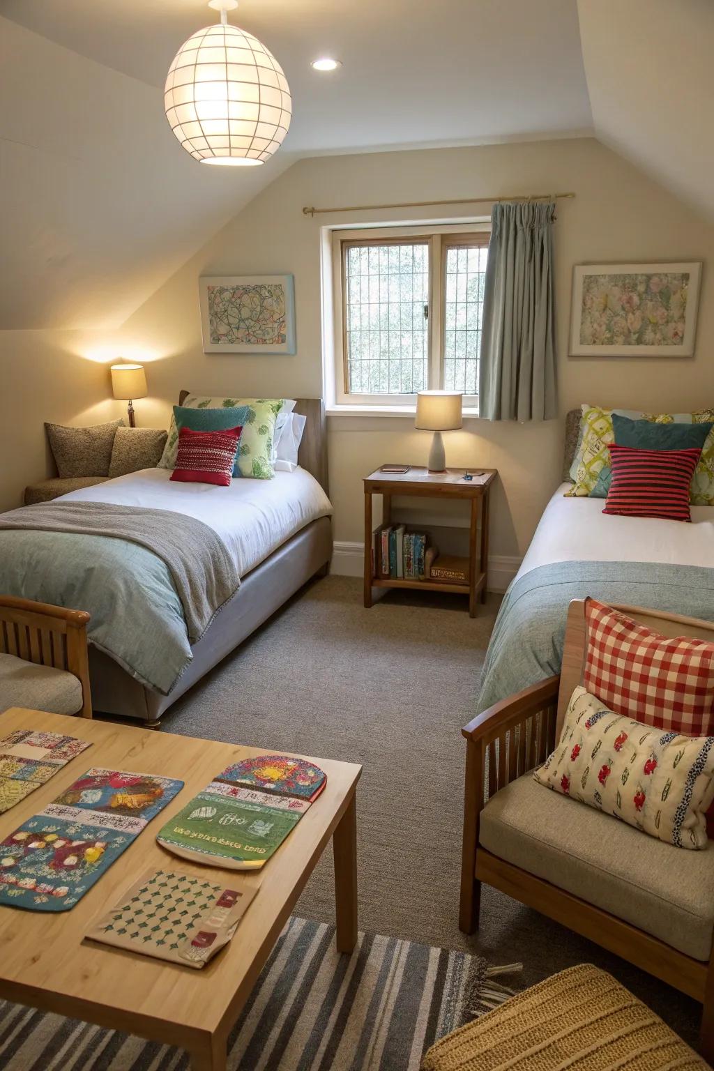 A shared seating area enhances interaction in the twin room.