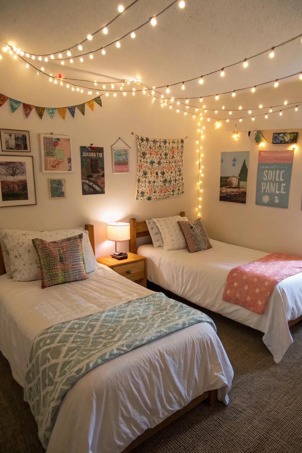 String lights infuse a magical and warm ambiance to the space.