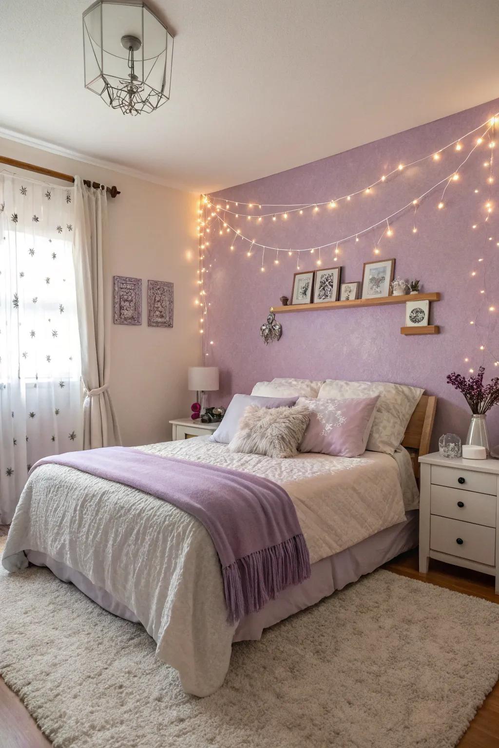 A dreamy bedroom featuring lavender and off-white walls, creating a peaceful retreat.