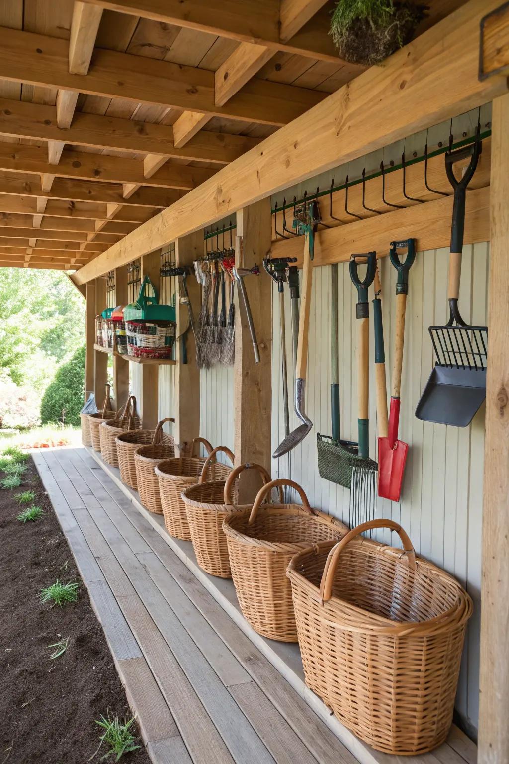 Hanging pegs and receptacles maintain small articles organized and effortlessly reachable.