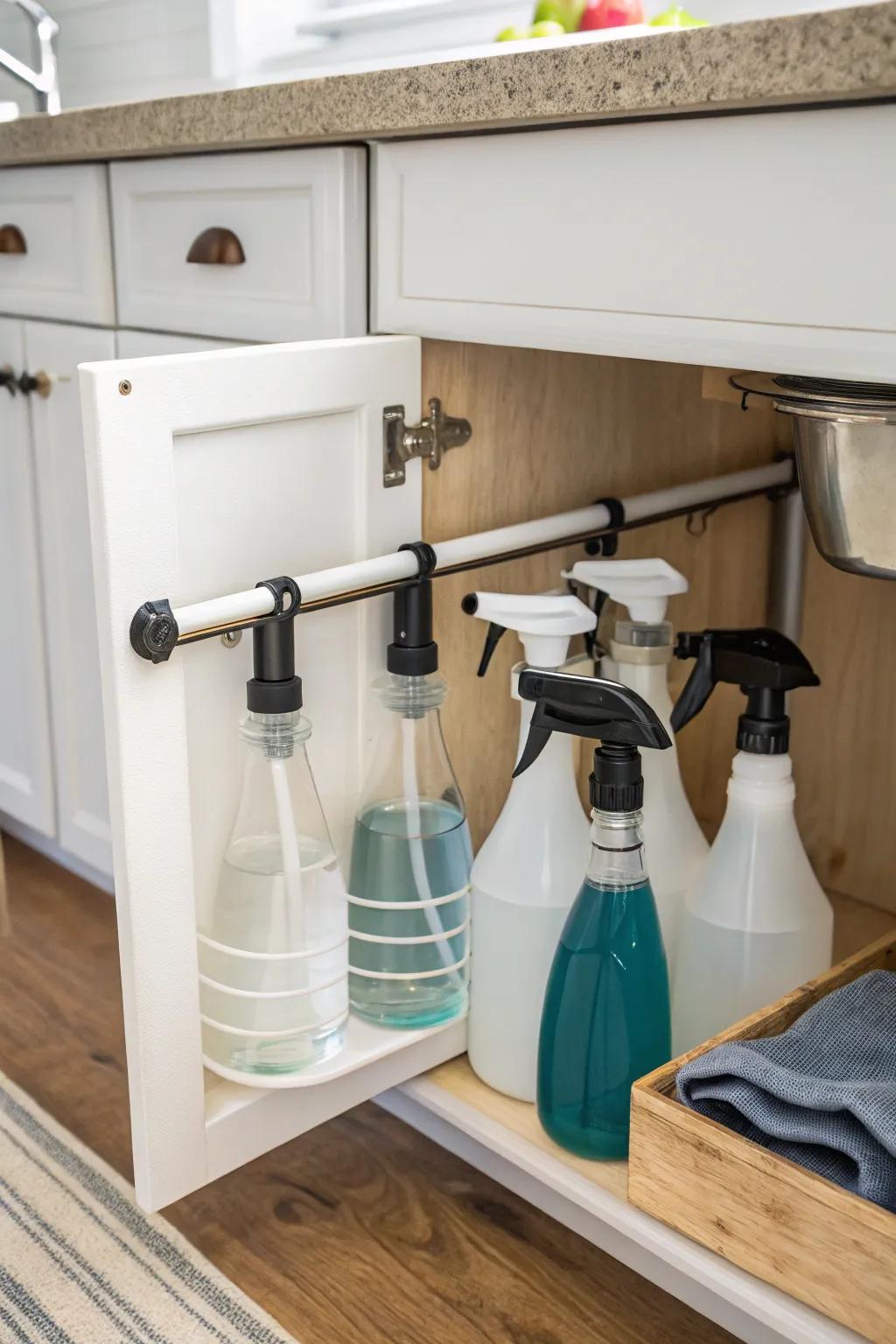 Squeeze fit rods provide a smart way to hang spray bottles.