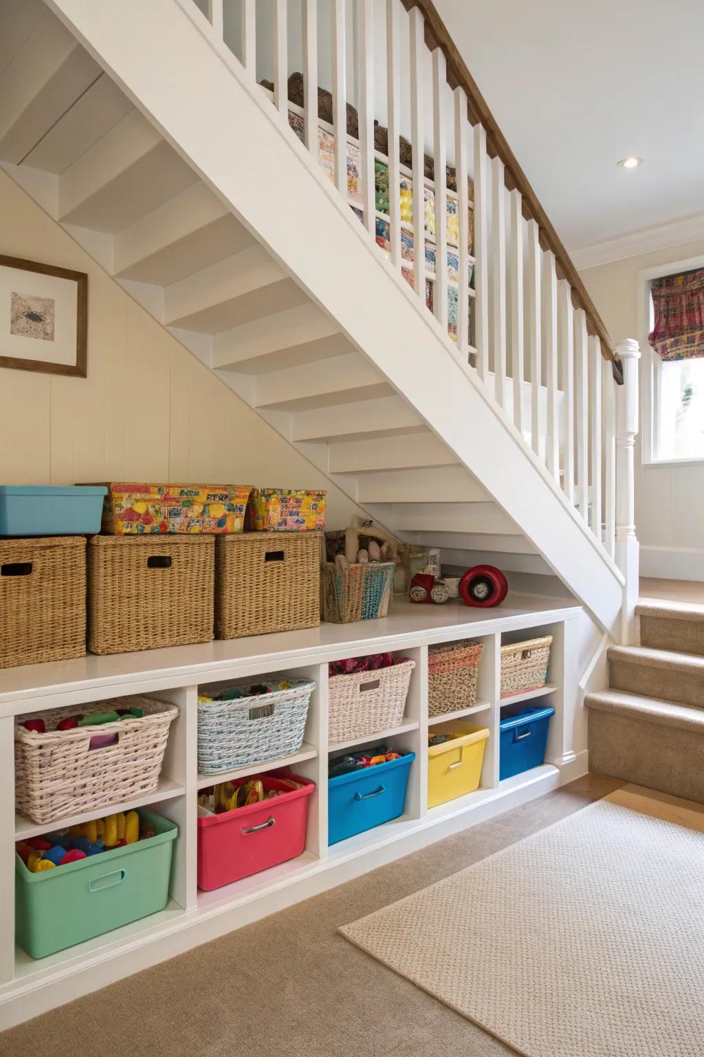 A tidy toy storage solution beneath the stairs for less mess.