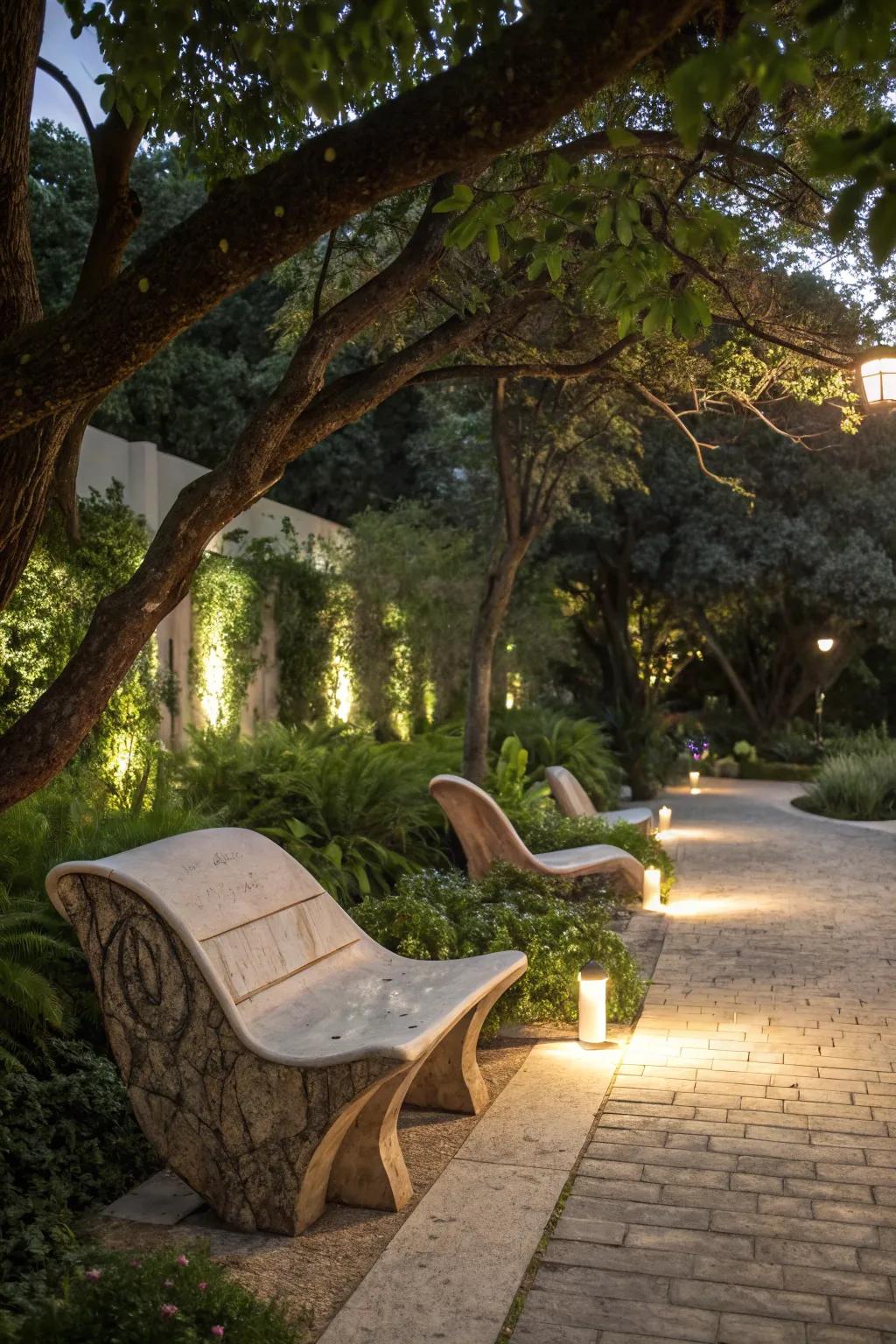 Artistic benches add style and function to the tree's shade.