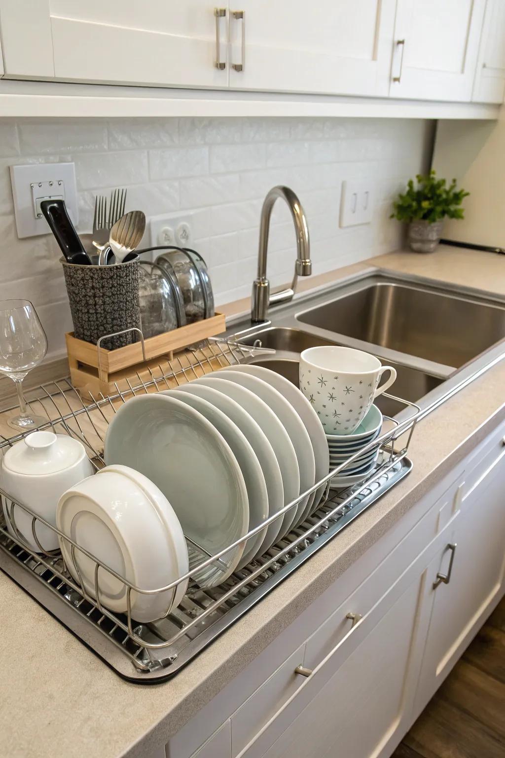 A drying rack over an undermount sink, promoting a tidy kitchen space.