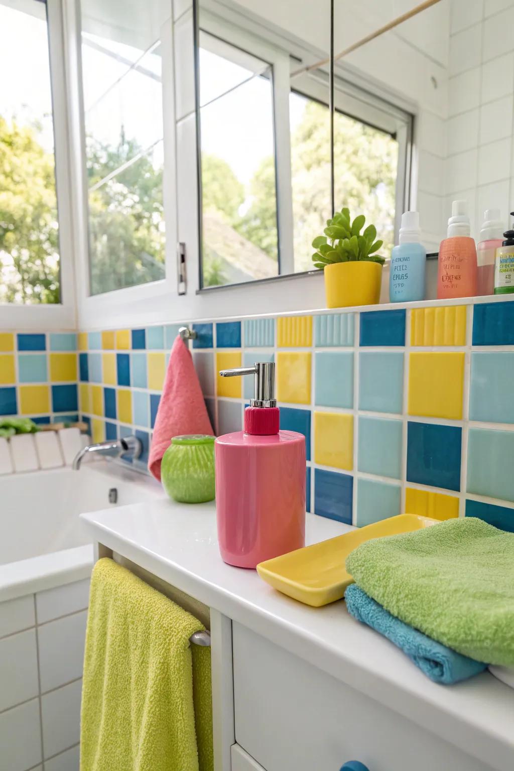 Surprising color elements add excitement to the bathroom's look.