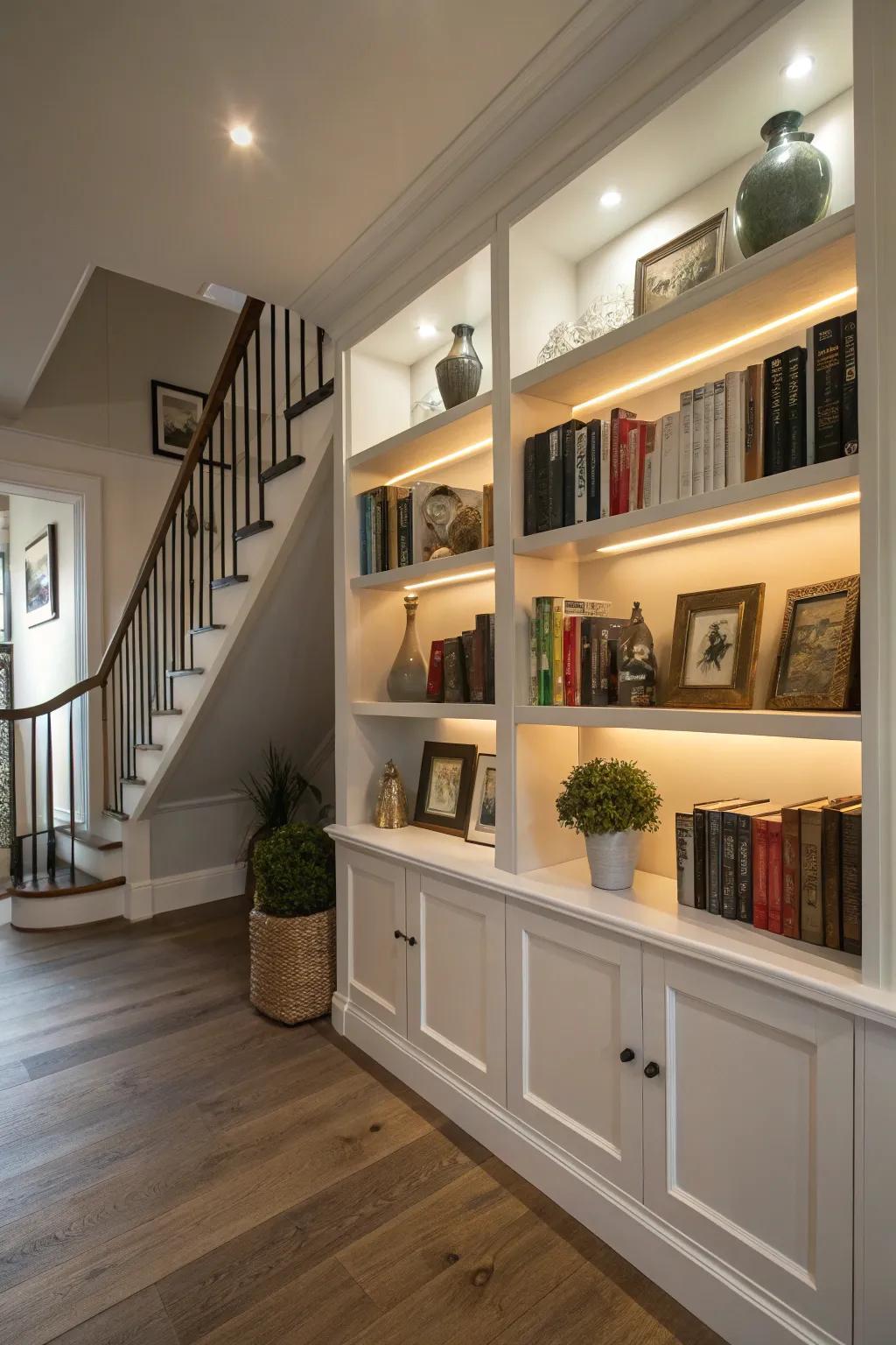 Fitted shelves on the upstairs landing offer both storage and style.