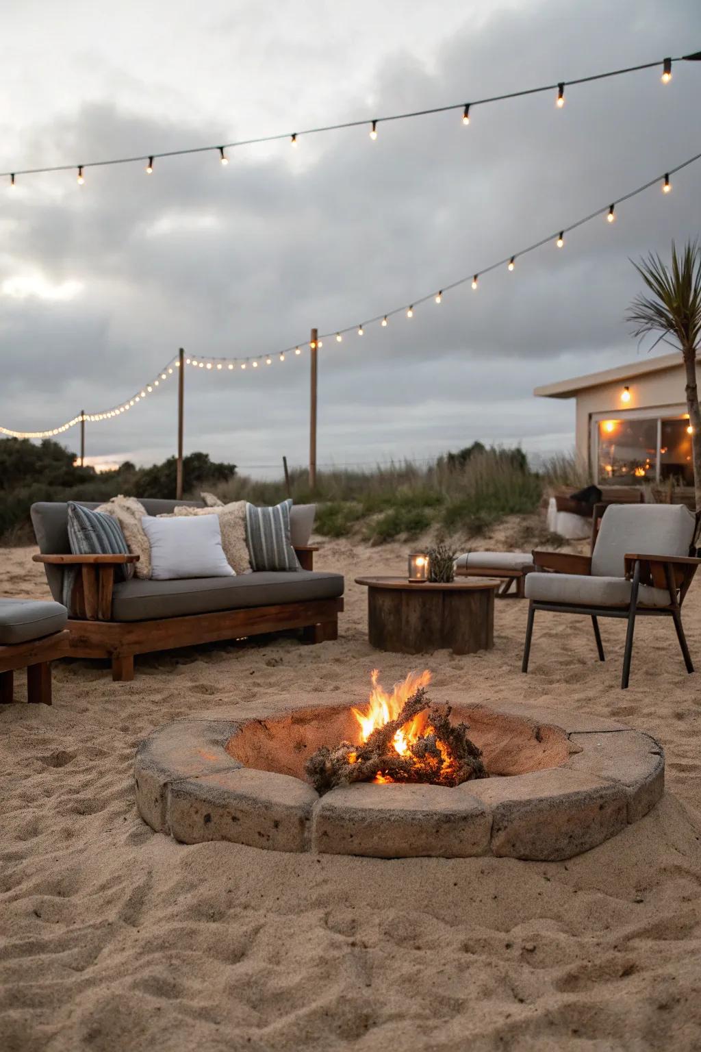 Enjoy memorable outdoor evenings in a cozy sand firepit area.