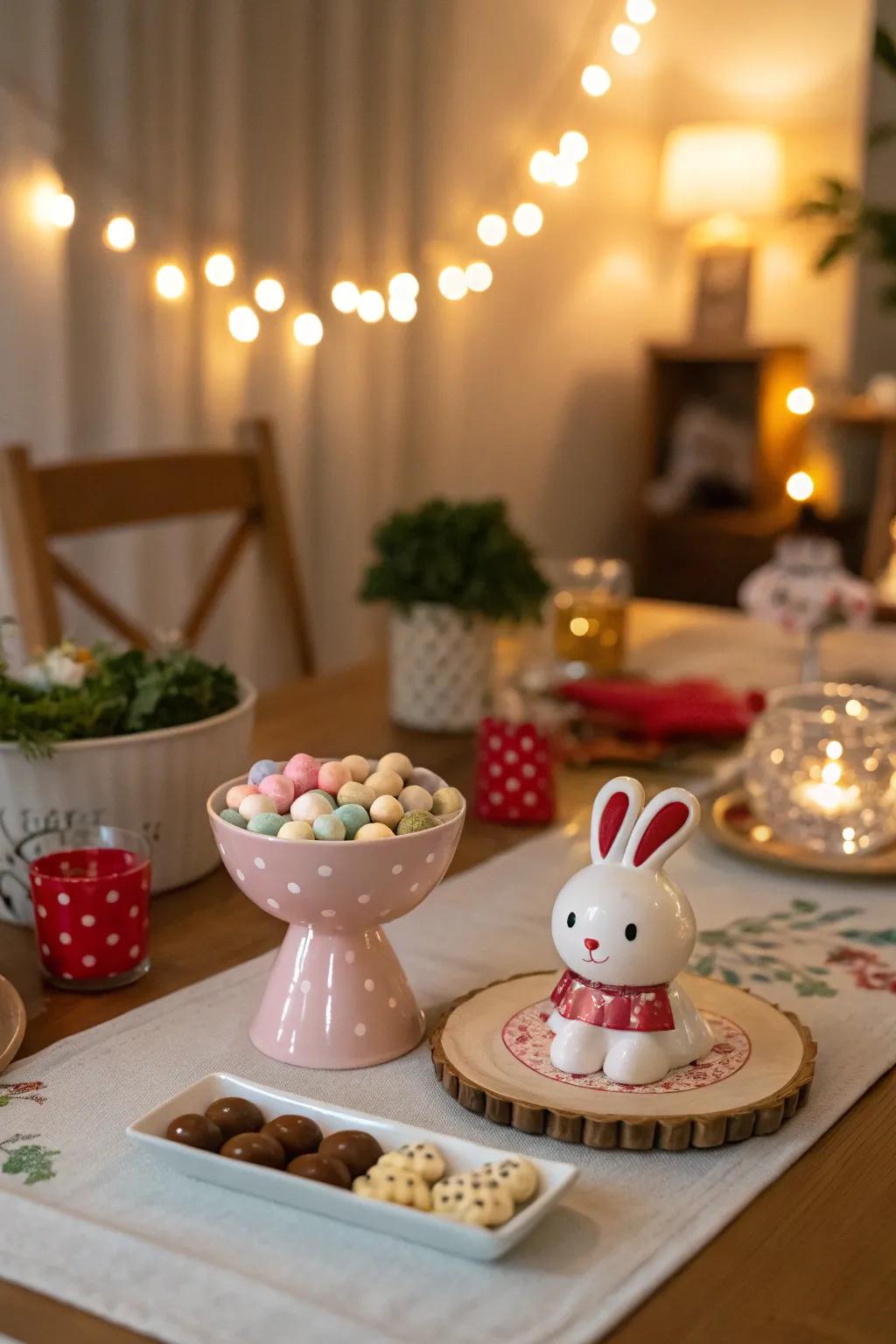 Charming elements add a playful touch to the table.