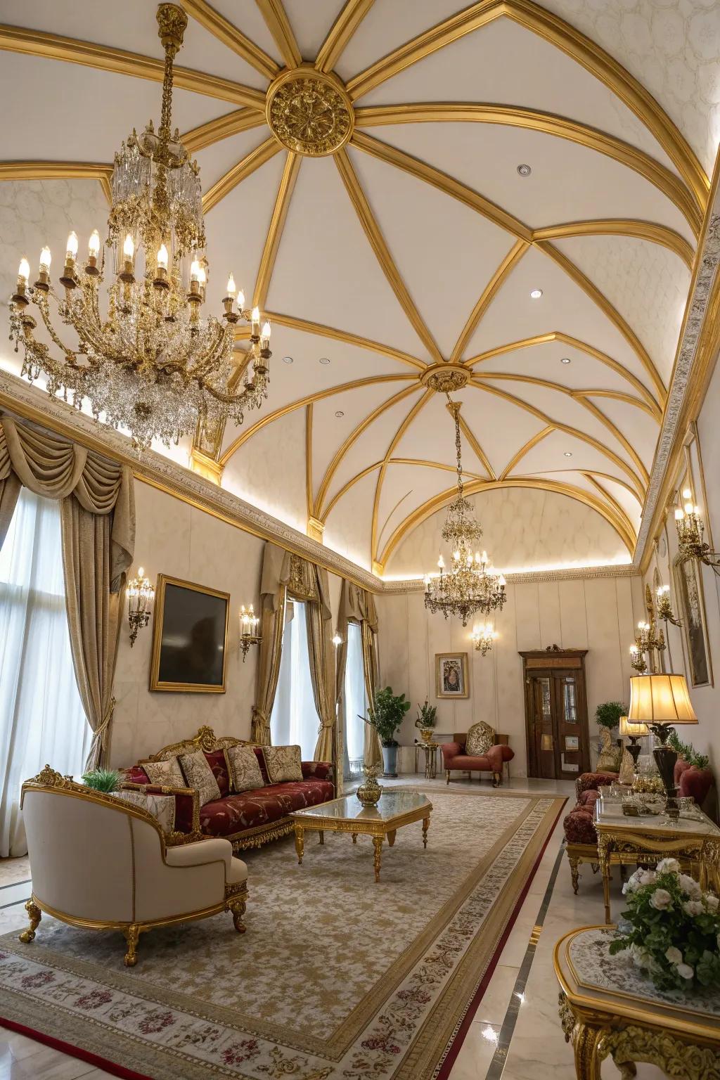 Elegant metalized beams adding sophistication to a vaulted ceiling.