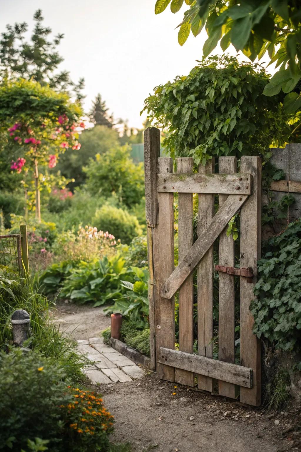 A sustainable gate fashioned from repurposed skids.
