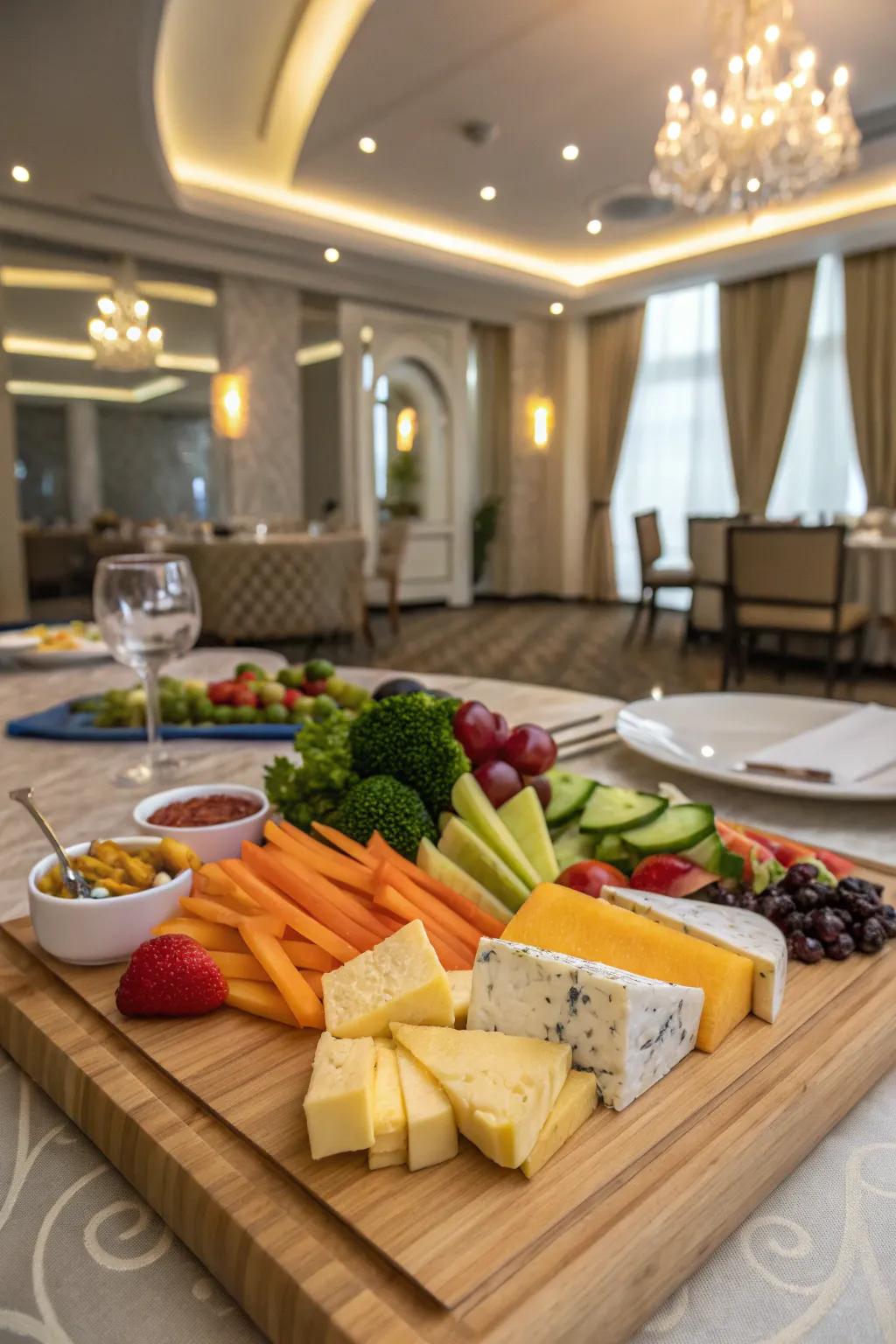 Veggie platter paired with an assortment of cheeses.