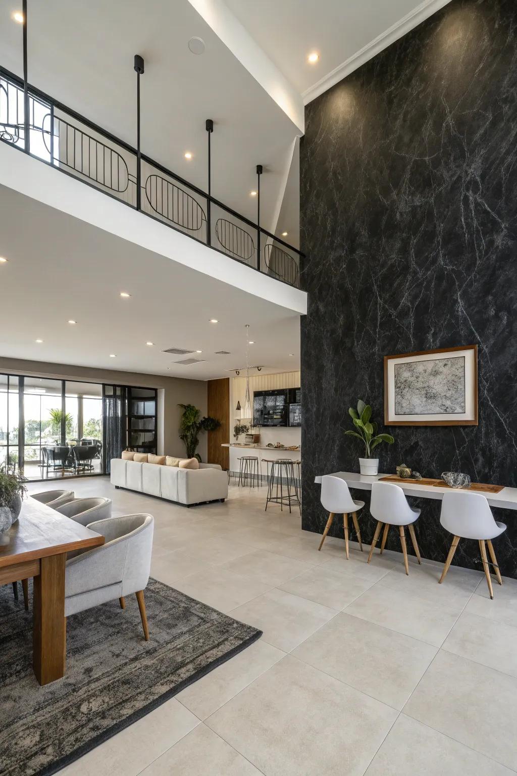 Give elegance to open spaces with a black lime-based plaster wall.