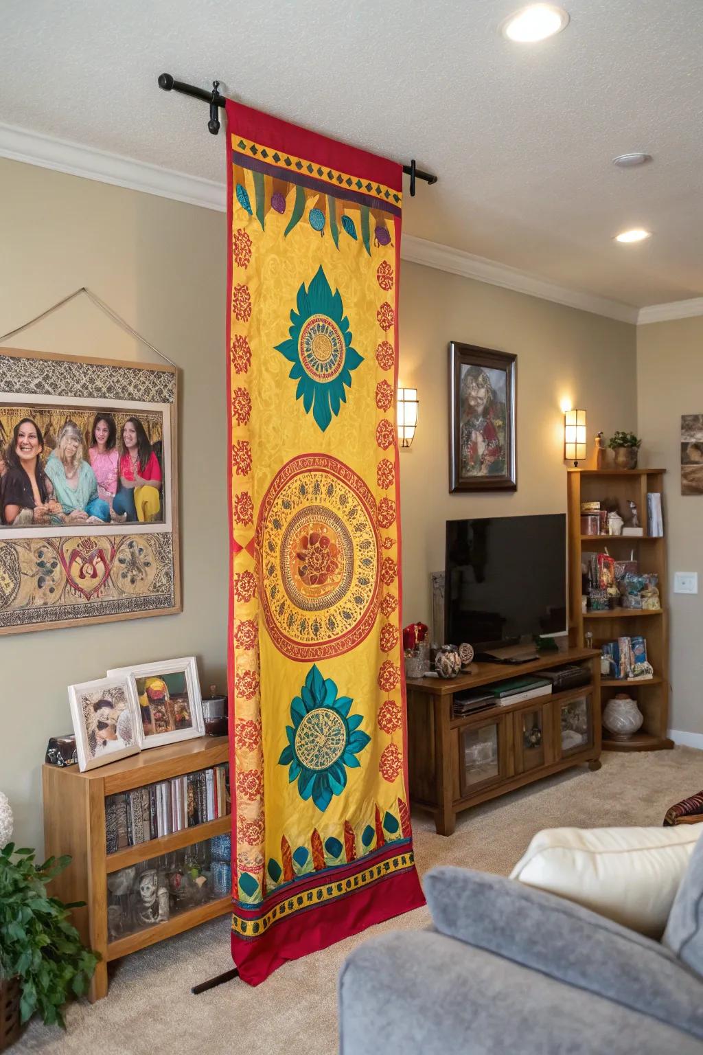 Cultural patterns add character to a family room.