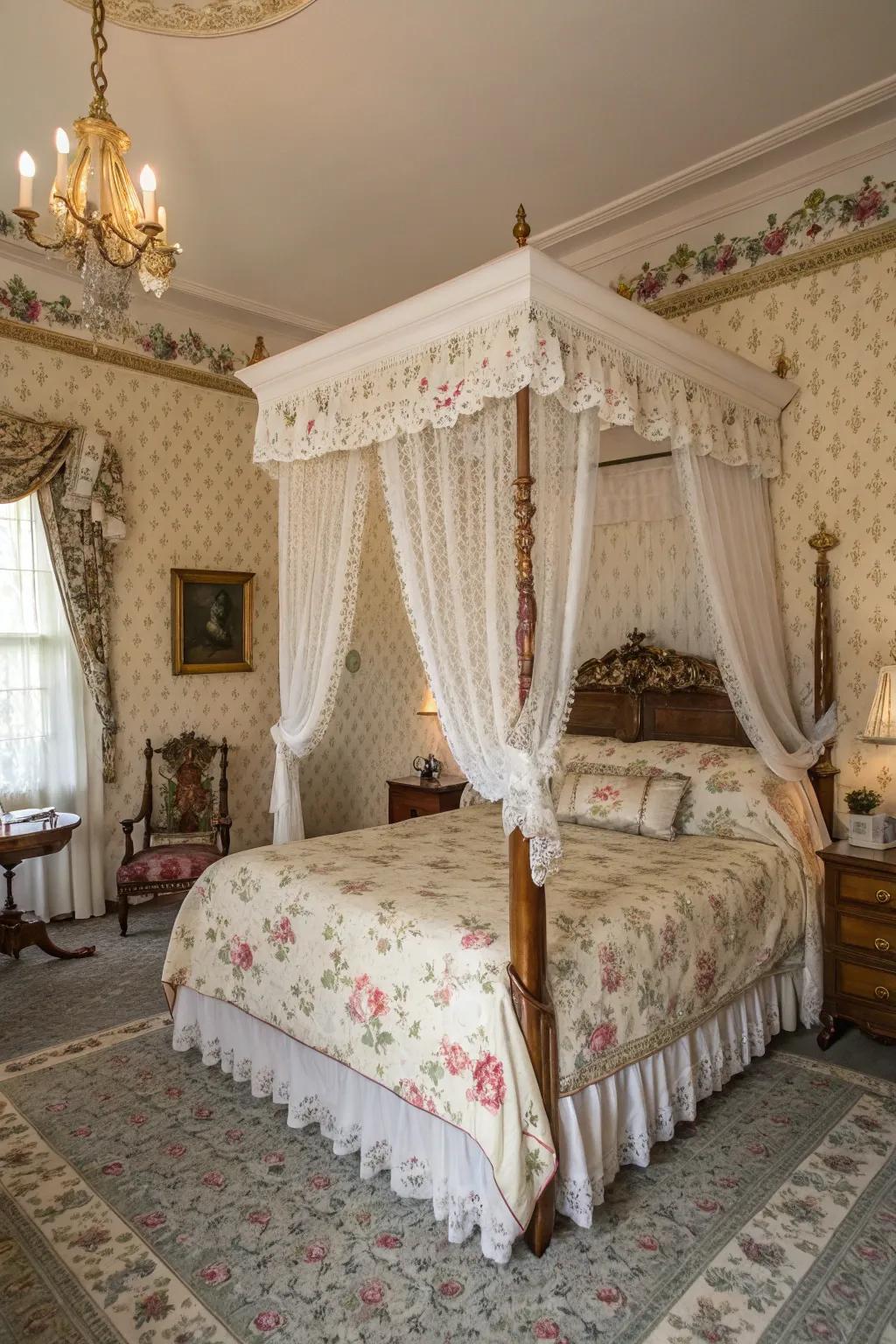 Floral motifs soften the room with vintage femininity.