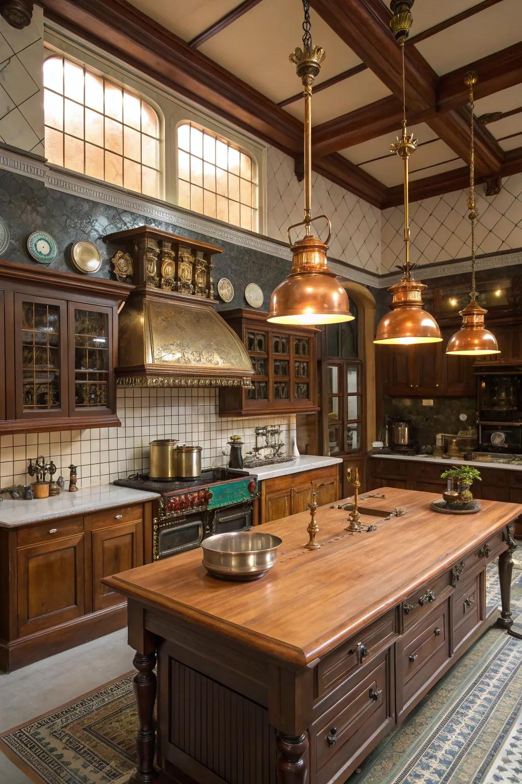 Brass and copper features improve the credibility of a Victorian kitchen area.