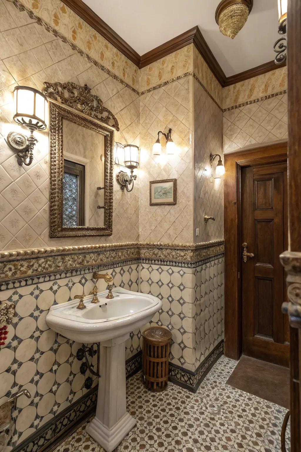 Textured walls enhance the vintage environment of any bathroom.