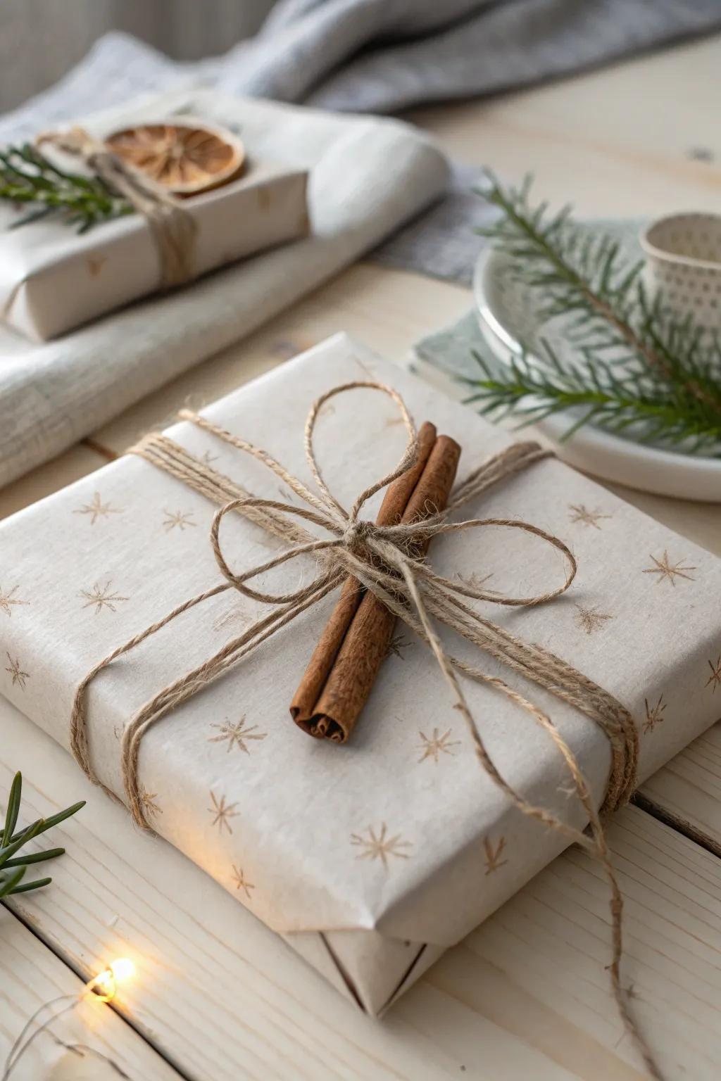 Add a hint of warmth and beauty to your gifts with a simple spice stick detail. Perfect for a festive, scented finish!