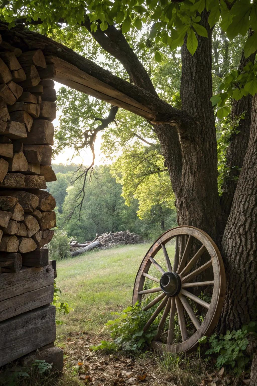 A cart wheel embedded in stacked wood, creating a unique window effect.