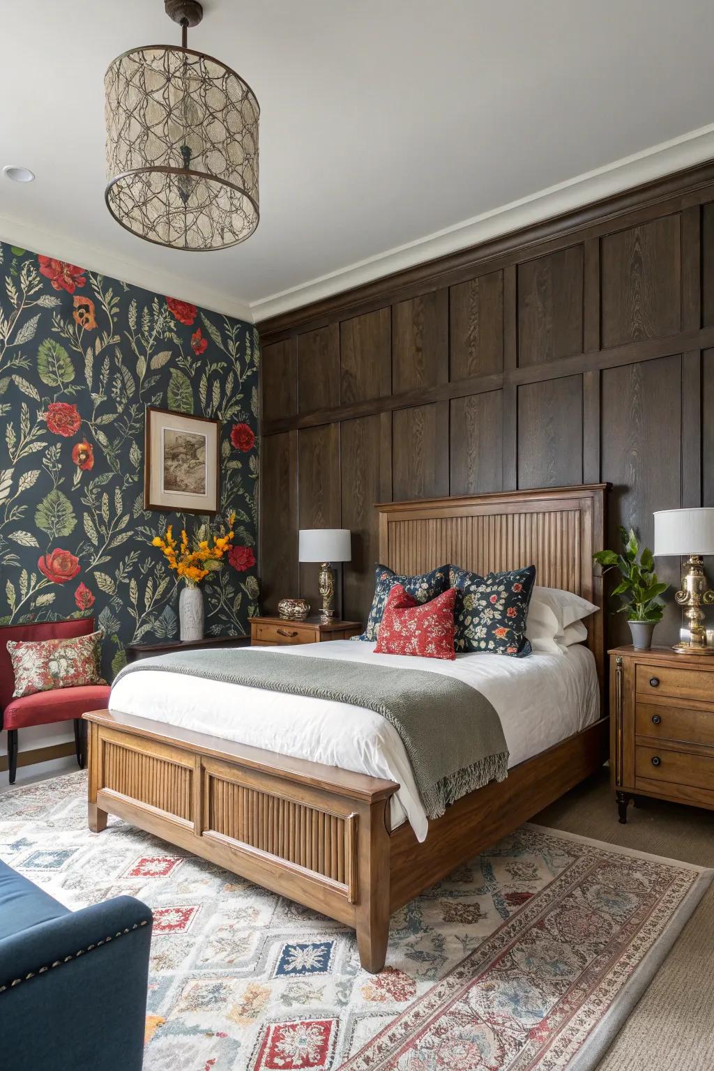 Wainscoting and striking wallcovering establish a varied and tailored space.