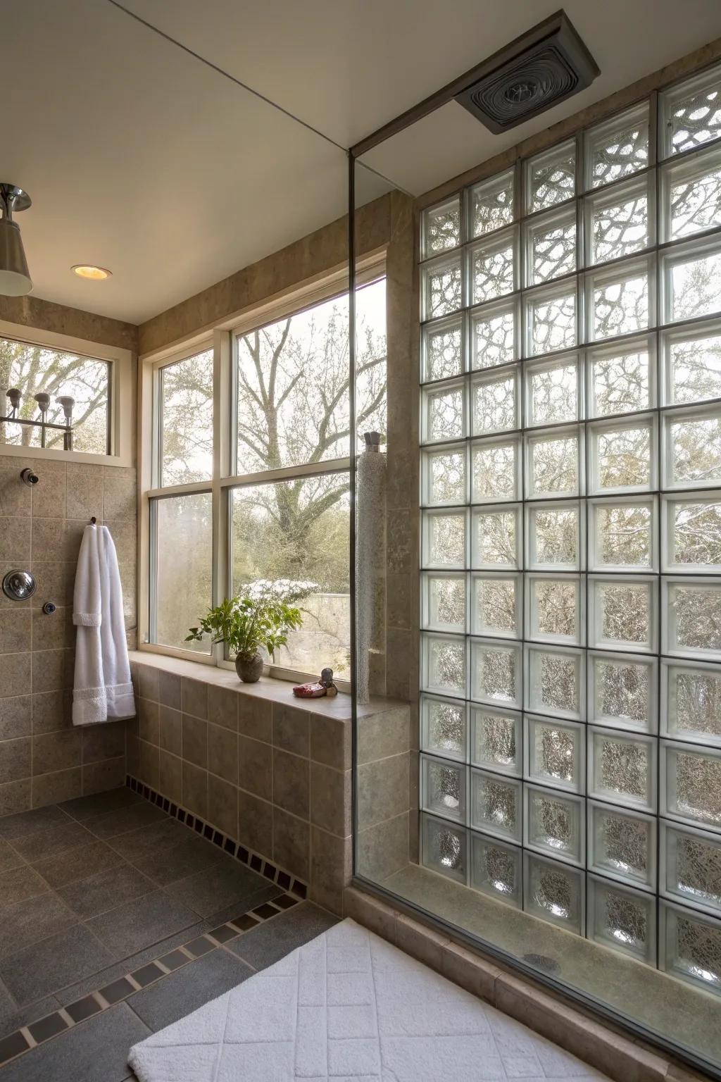 Glass block windows in a walk-in shower, offering privacy with a touch of texture.