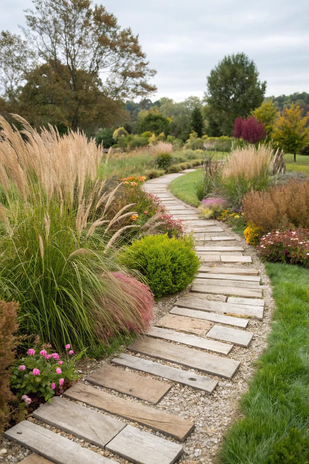 Wood and stone mixed walkways offer a unique texture.
