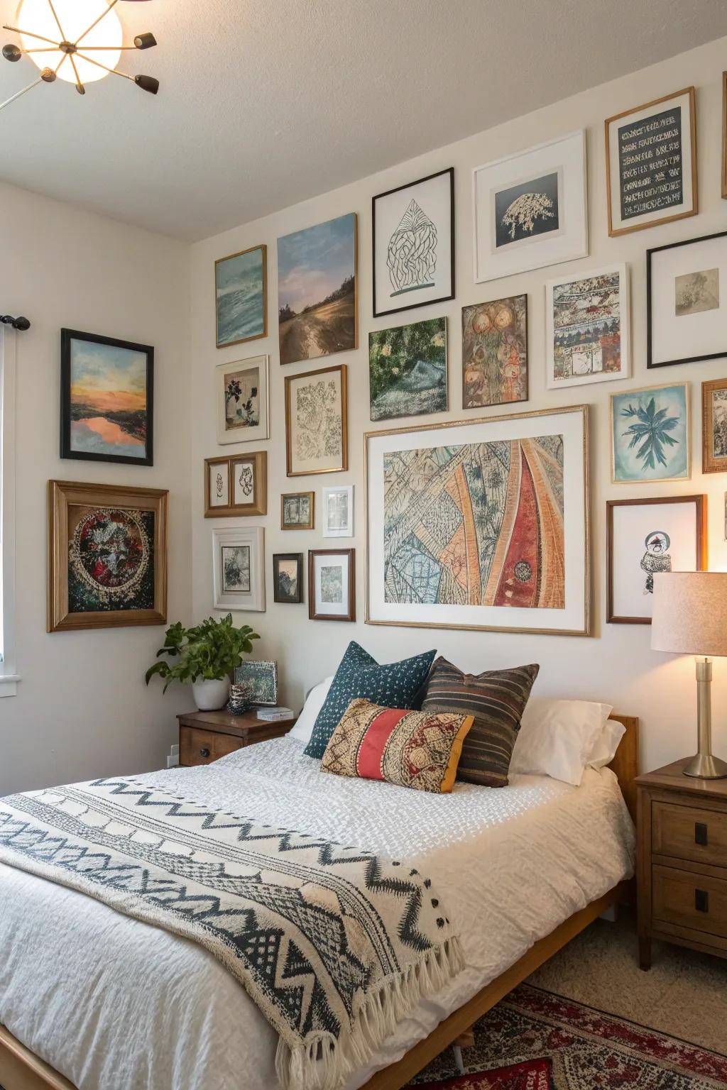 Different art styles bring a lively and fun touch to your bedroom.