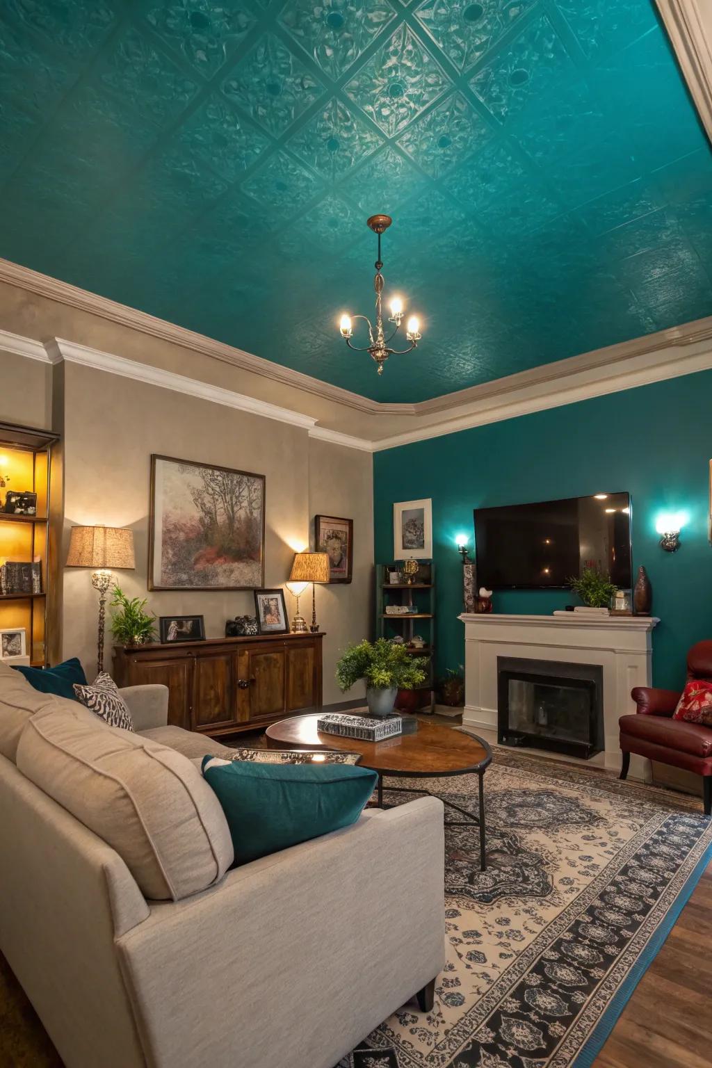 A striking teal ceiling in a modern living area.
