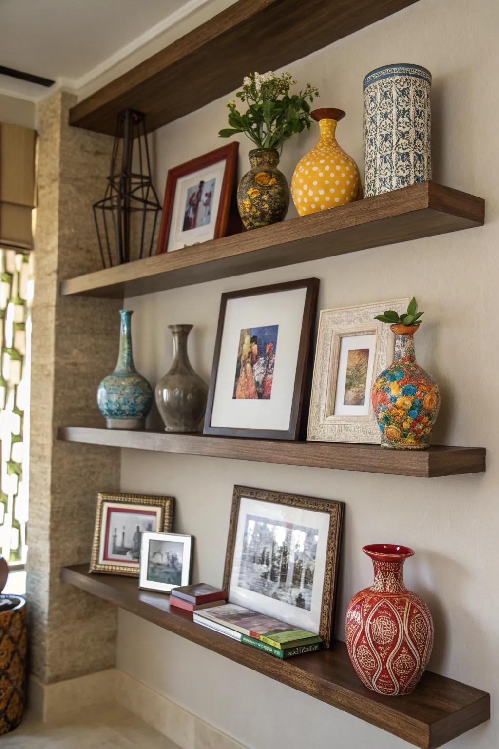 Infuse depth through artful layering on shelves.