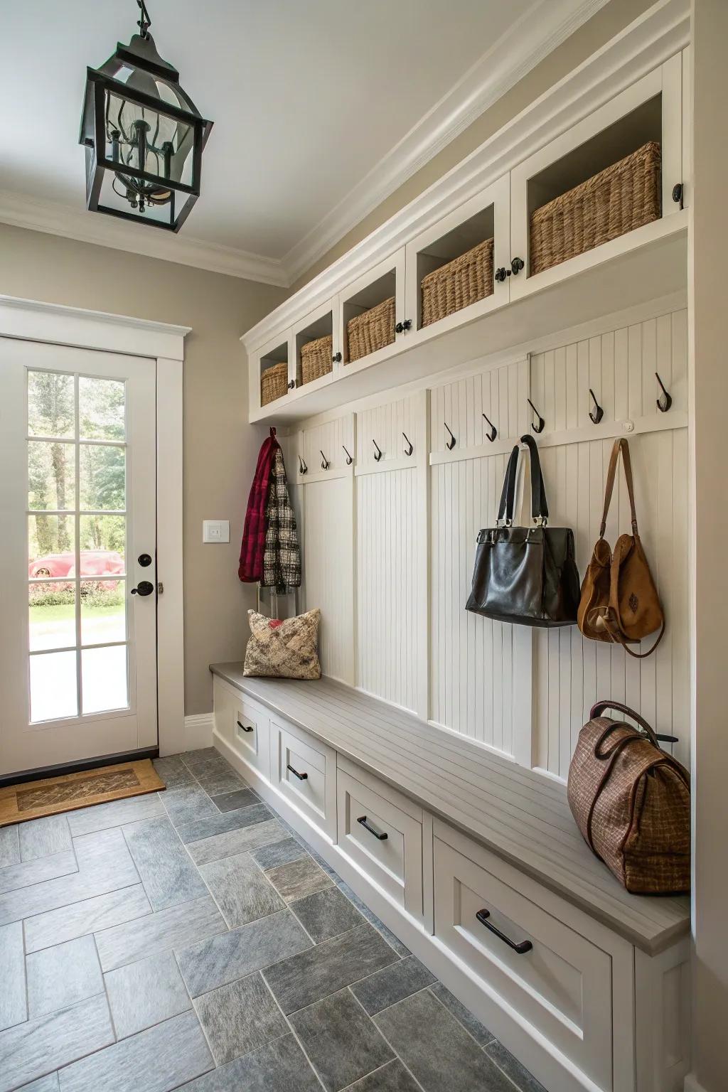 Blending trim styles adds a distinctive flair to this mudroom.