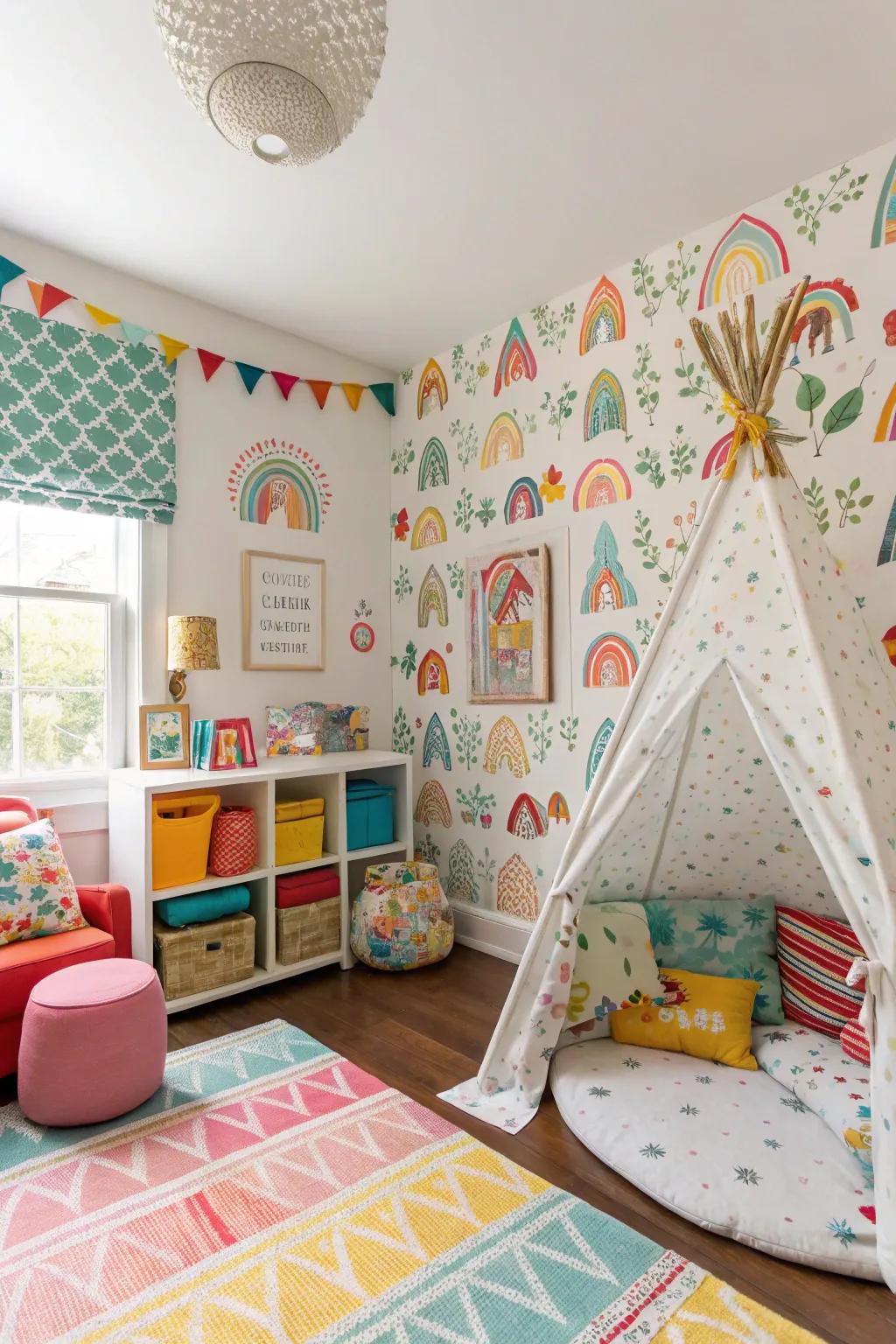 Mixed-motif wallpaper fashions a playful and eclectic children's space.