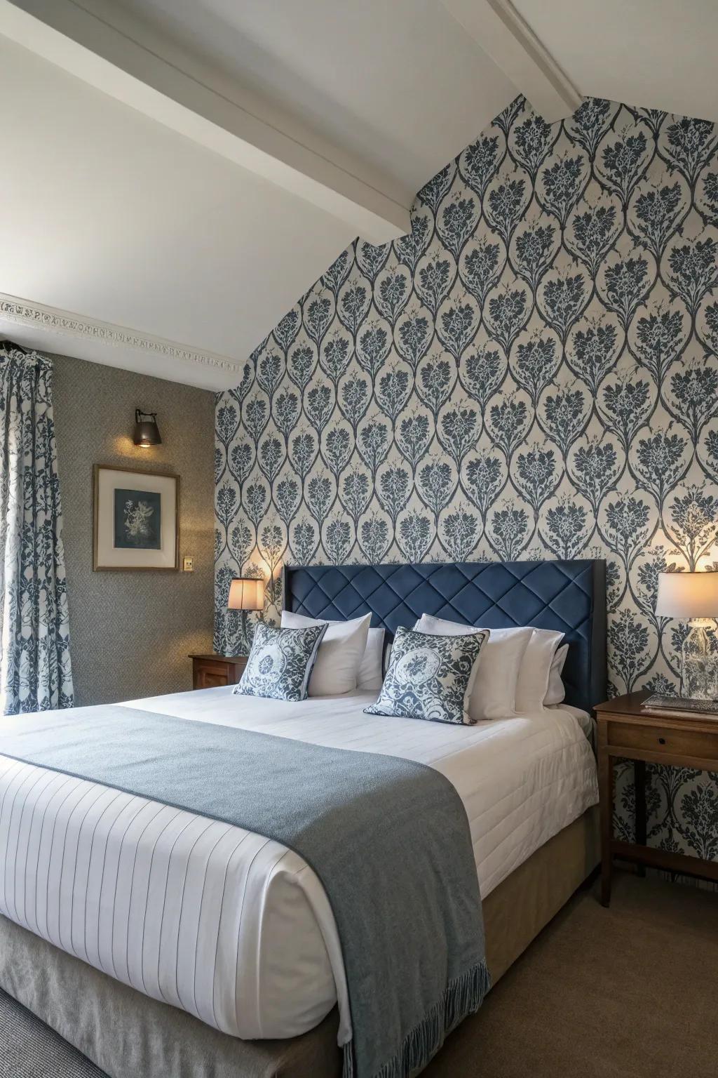 Extending wallcovering up to the ceiling introduces grandeur and height to any bedroom.