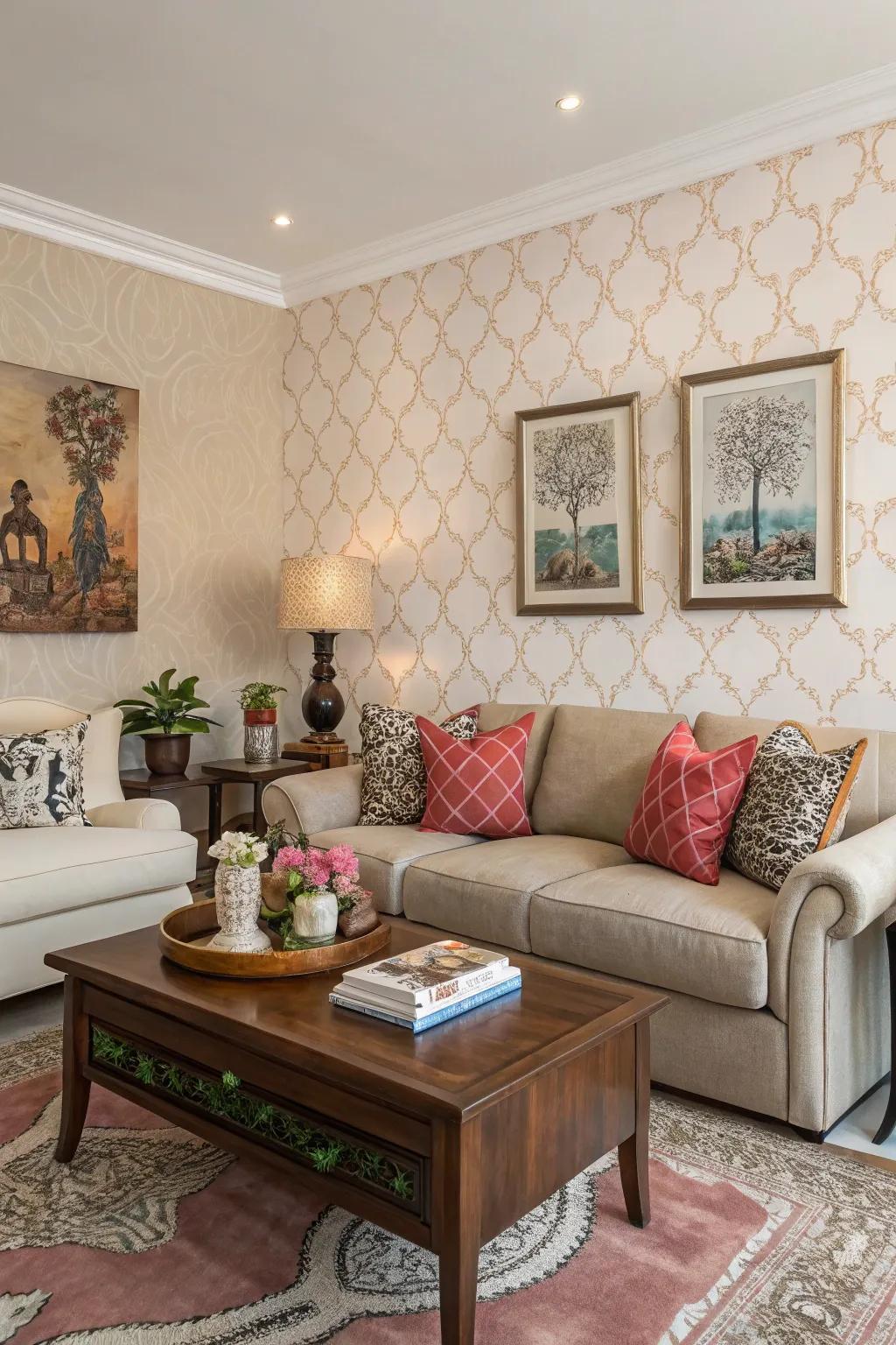 Unify your design with art pieces that highlight your wallpaper's beauty.