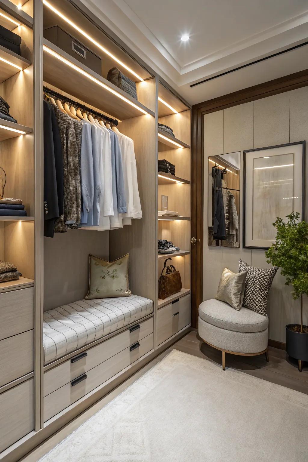 A seating area adds functionality and comfort to wardrobe spaces.
