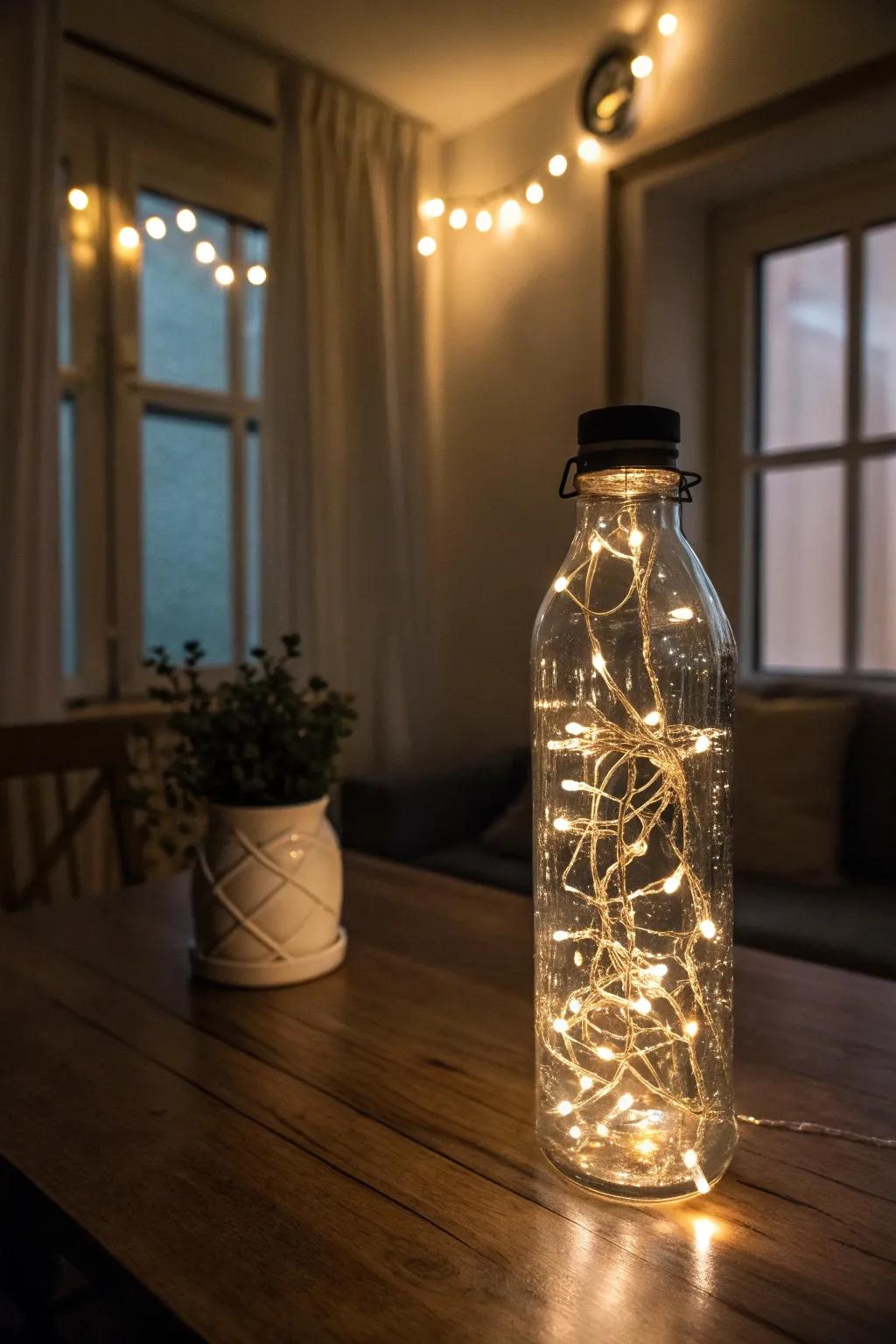A hydration bottle brimming with warm radiant strands, fashioning a bewitching luminescence.