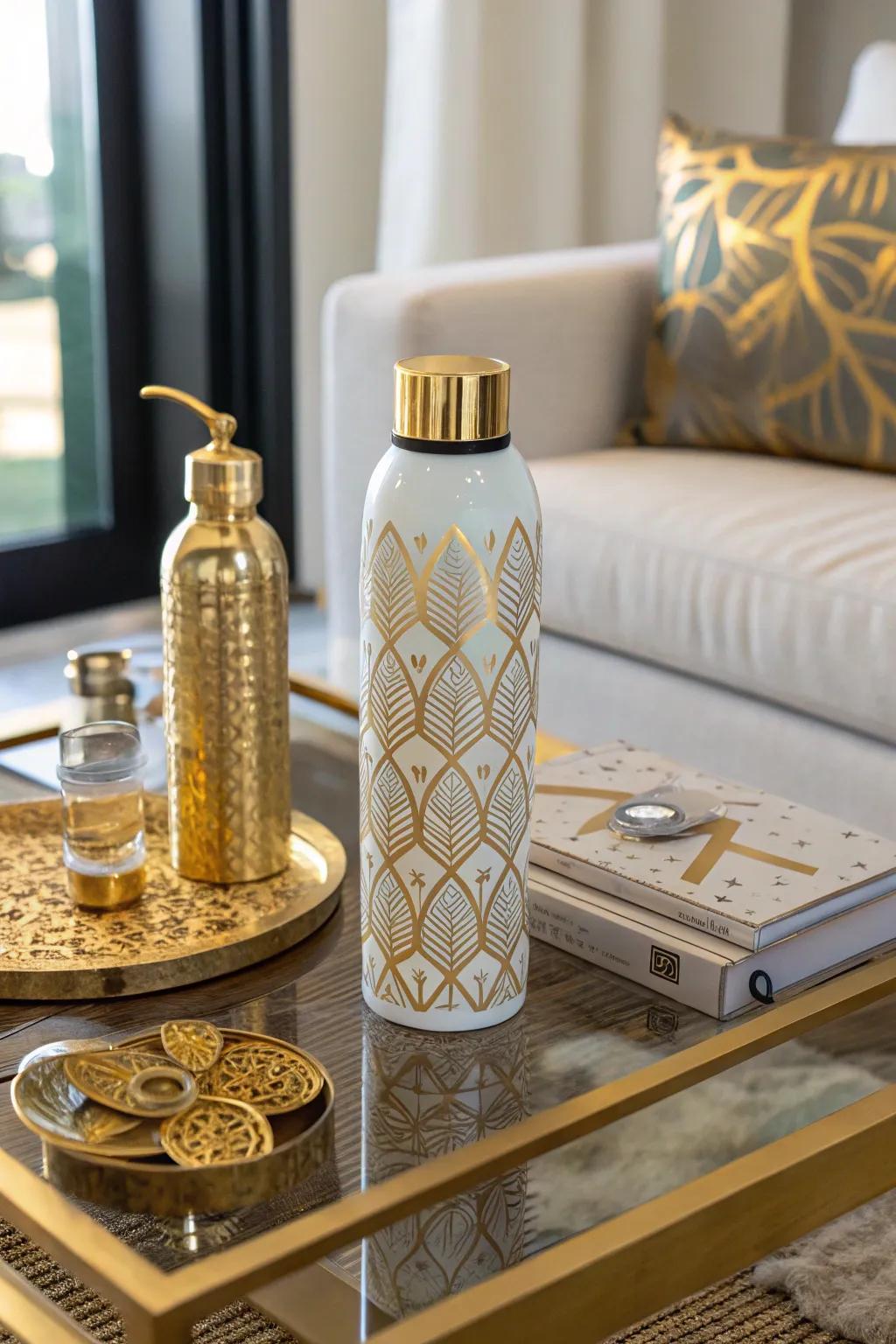 Sophisticated reusable beverage container aesthetics with metallic embellishments.