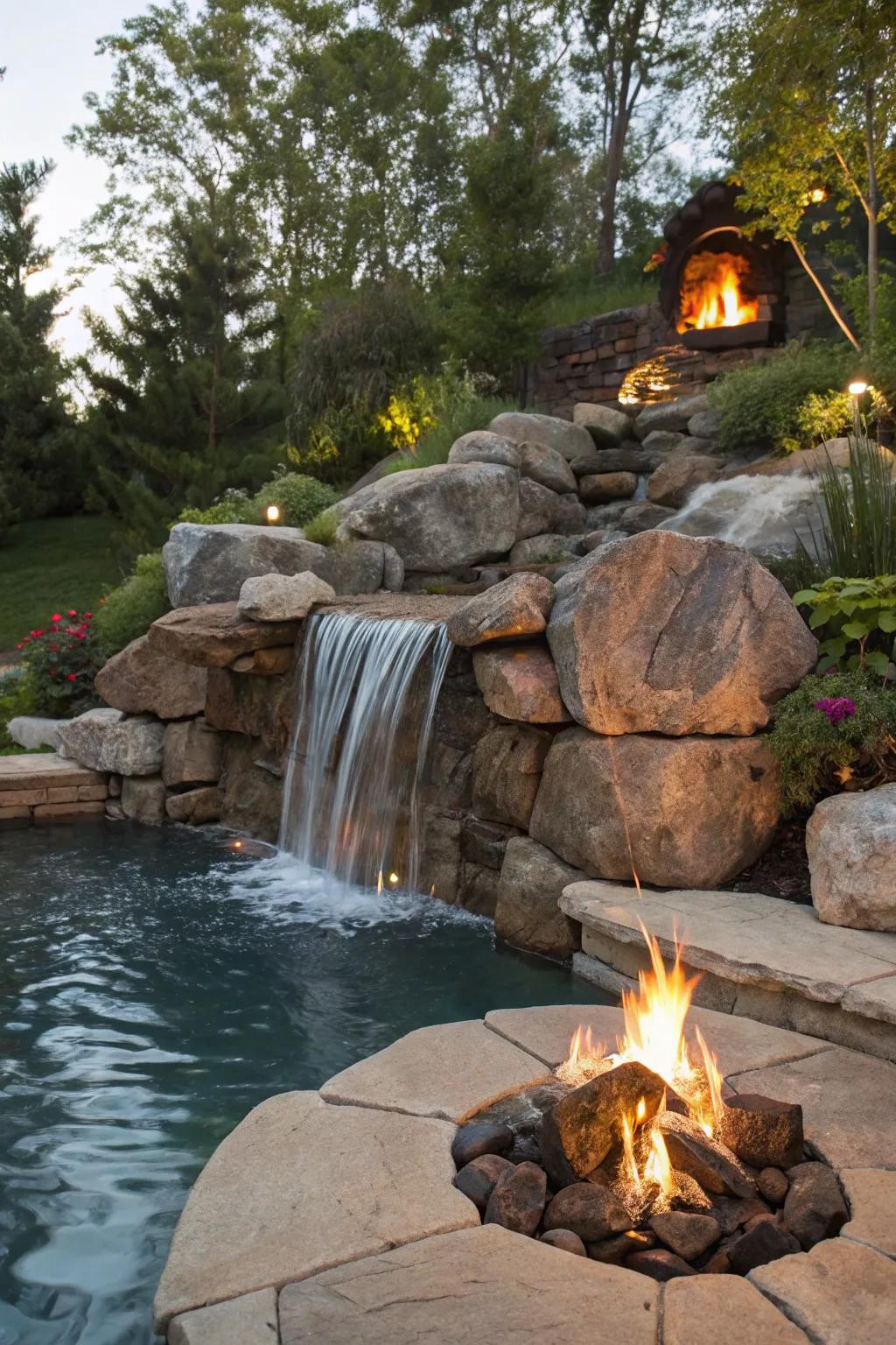 Fire and water in the garden - a mesmerizing sight.
