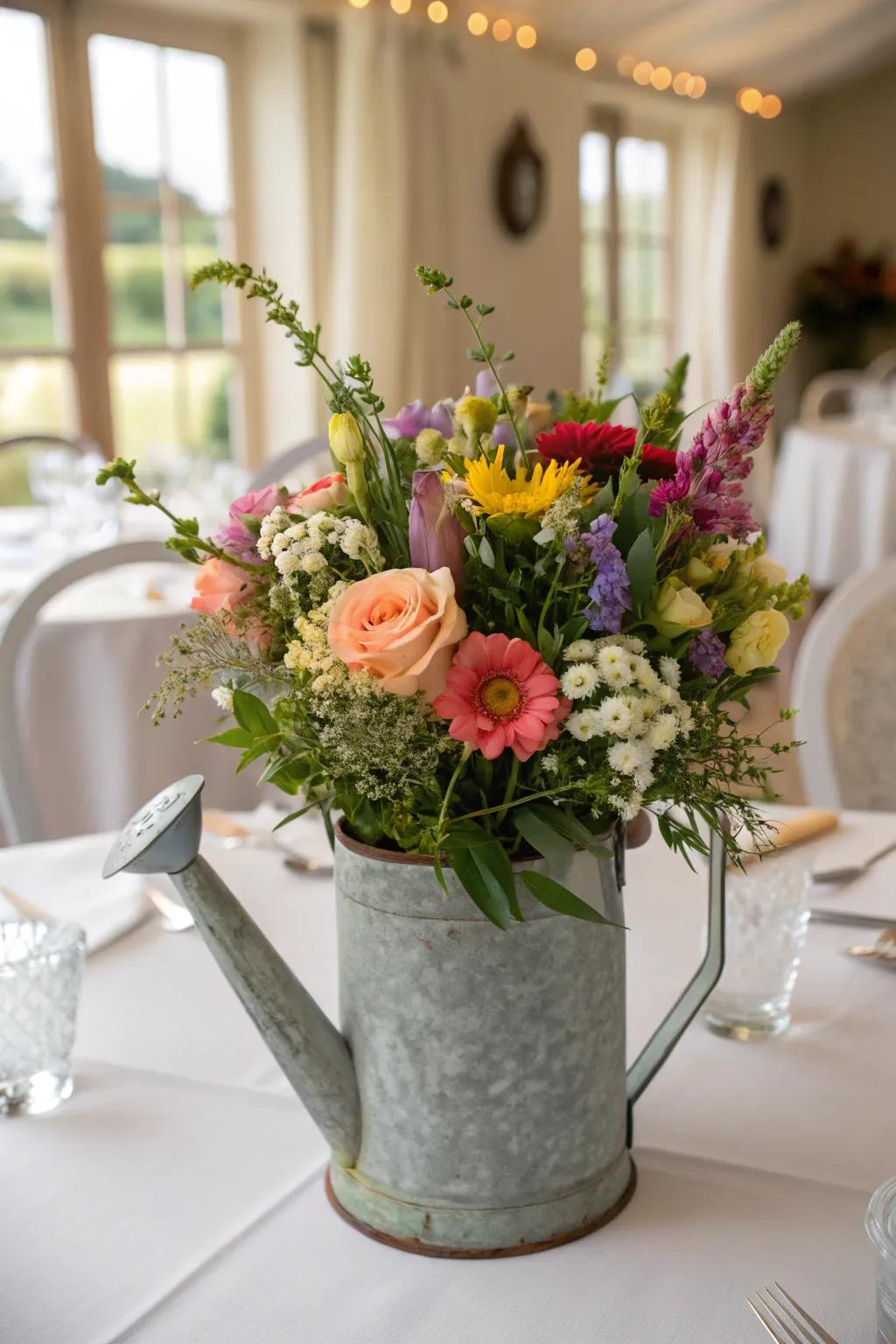 A sophisticated floral arrangement utilizing a watering can as a vase.
