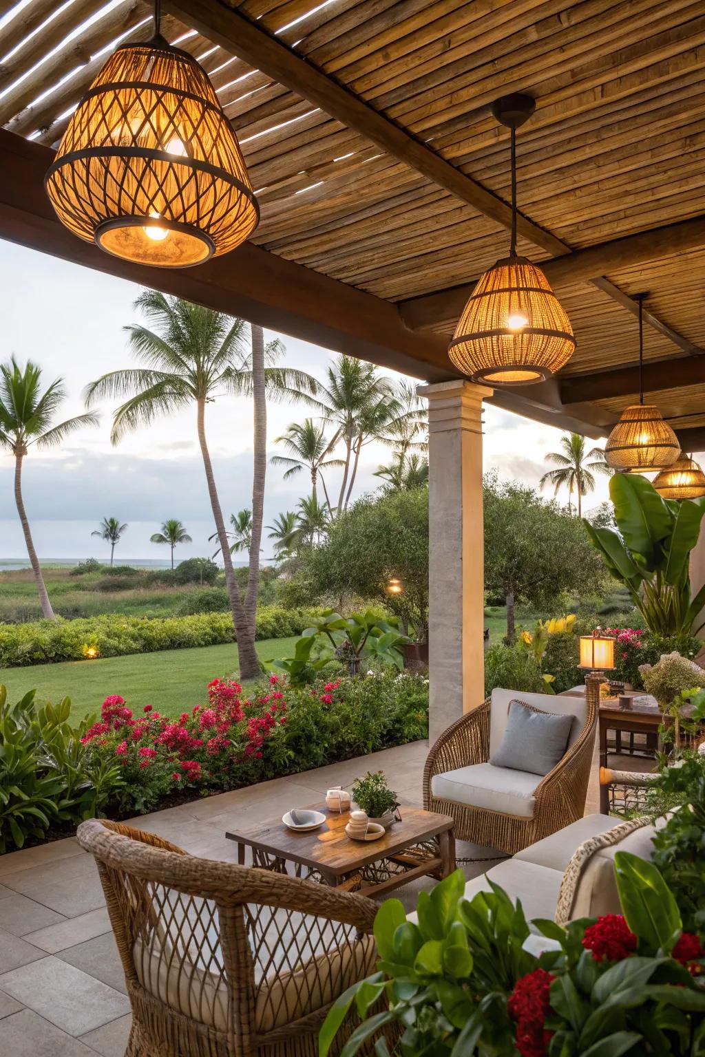 Bamboo lights enhance the tropical vibe of your outdoor space.