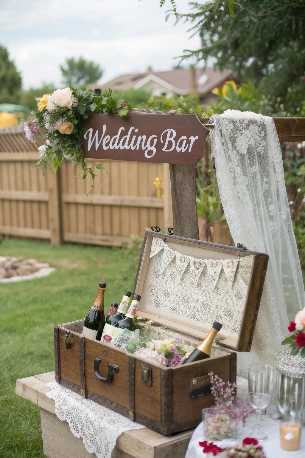 An antique luggage bar arrangement with a nostalgic sign.