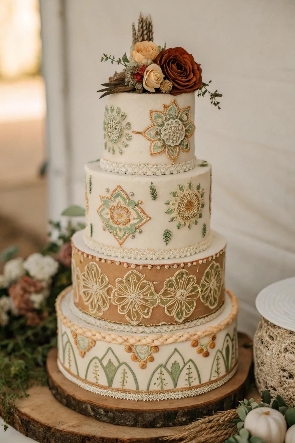 A bohemian-themed cake that brings the celebration together beautifully.