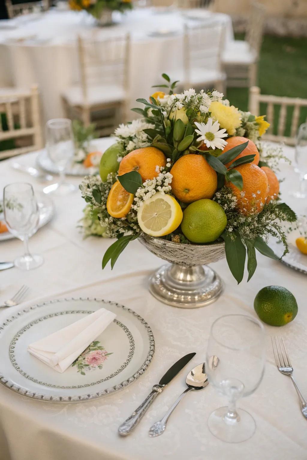 Fresh citrus fruits add a lively burst to this wedding centerpiece.