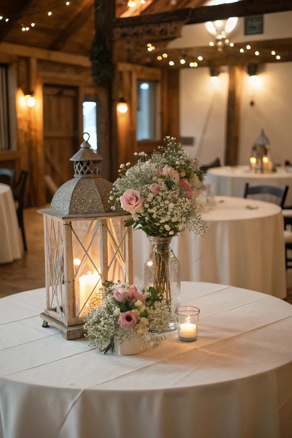 Lanterns encircled by blooms result in a welcoming, cozy centerpiece.