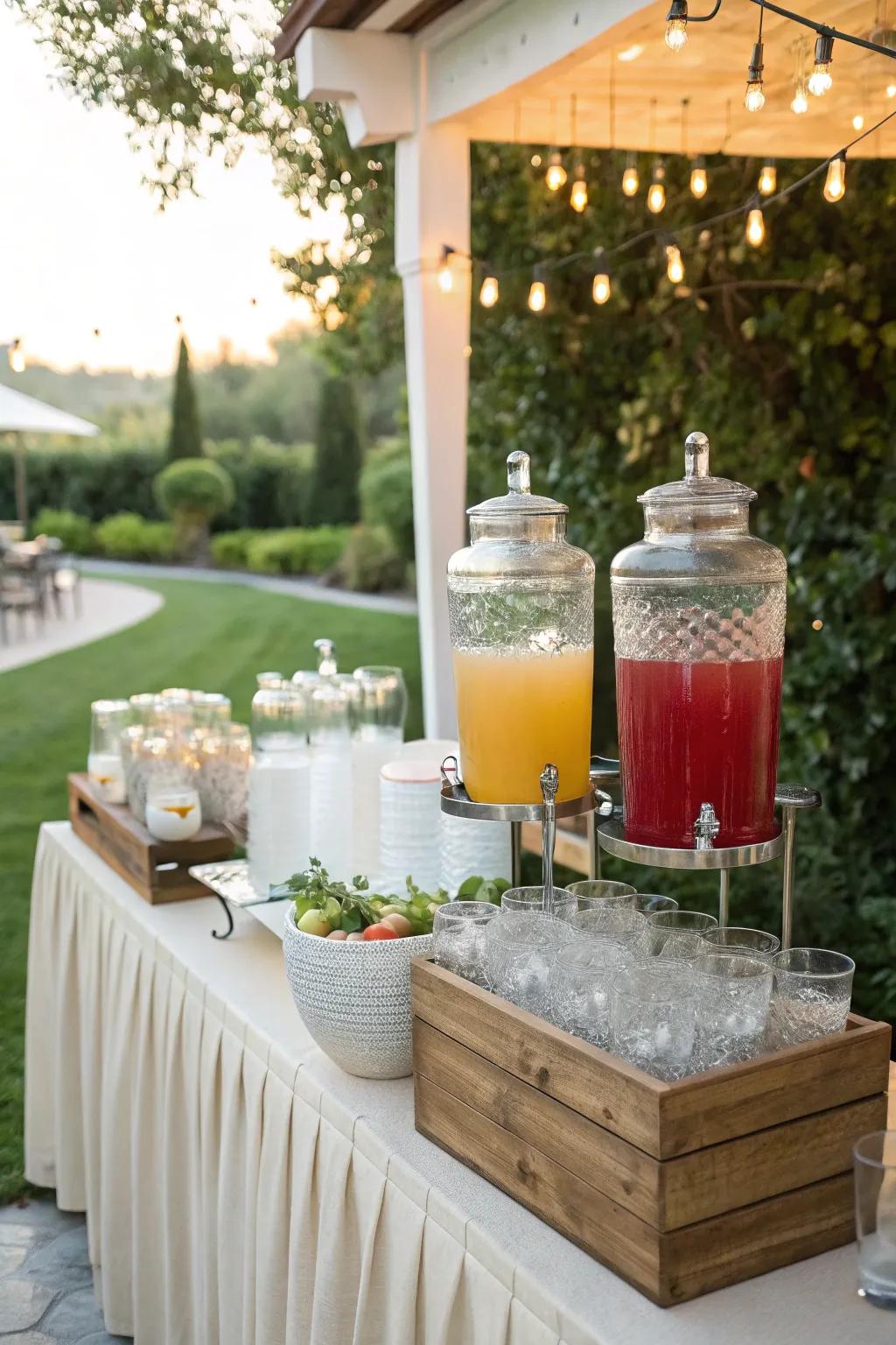 A wedding beverage station featuring glass dispensers with a variety of refreshing drinks.